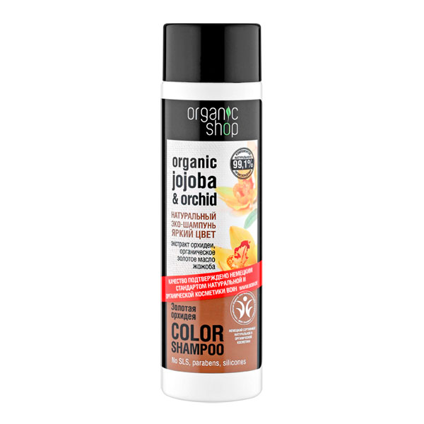 Organic Shop Шампунь для волос Яркий цвет. Золотая Орхидея, 280 млFS-00897 Organic Shop Шампунь для волос Яркий цвет. Золотая Орхидея, 280 млFS-00897Organic Shop шампунь для волос яркий цвет Золотая Орхидея 280 мл. Искрящийся яркий цвет и невероятную эластичность придаёт волосам экзотическое сочетание органического экстракта орхидеи и золотого масла жожоба. Экстракт орхидеи разглаживает волосы, придавая им естественный блески шелковистость. Масло жожоба способствует укреплению структуры волос, защищая их от потери цвета. Не содержит силиконов, SLS , парабенов. Без синтетических отдушек и красителей, без синтетических консервантов.
