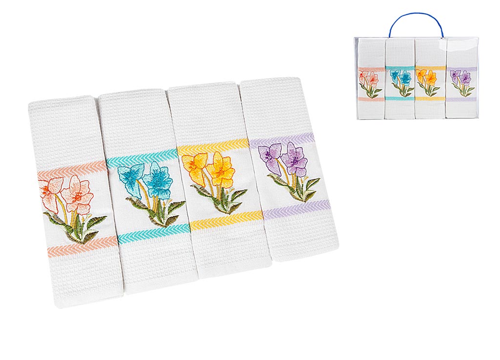 Набор кухонных полотенец Soavita Flowers, 40 х 65 см, 4 штS03301004 Набор кухонных полотенец Soavita Flowers, 40 х 65 см, 4 штS03301004Вафельные полотенца Soavita Flowers выполнены из 100% хлопка и декорированы вышивкой. Изделия предназначены для использования на кухне и в столовой. Отлично впитывают влагу. Качество материала гарантирует безопасность не только взрослых, но и самых маленьких членов семьи. Полотенца Soavita идеально дополнят интерьер вашей кухни и создадут атмосферу уюта и комфорта.