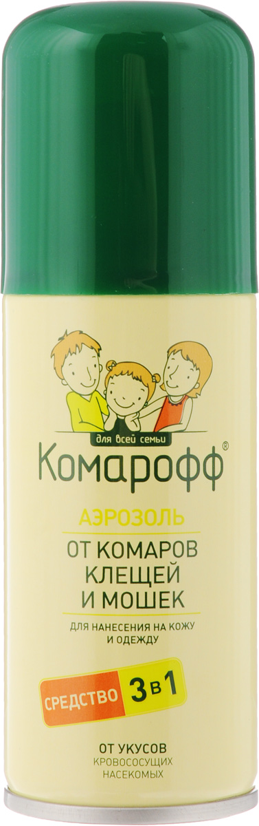 Аэрозоль от насекомых Комарофф, 3 в 1, 100 млBH-SI0439-WW Аэрозоль от насекомых Комарофф, 3 в 1, 100 млBH-SI0439-WWСредство Комарофф предназначено для эффективной защиты от укусов кровососущих насекомых (комаров, мокрецов, москитов, мошек, слепней, блох) при нанесении на открытые части тела, одежду и другие изделия из ткани. Подходит также от таежных и лесных клещей (переносчиков возбудителей клещевого энцефалита и боррелиоза) - при нанесении на одежду. Состав: 40% N,N-диэтил-m-толумид, 5% диметилфталат, 13,35% спирт изопропиловый, вспомогательные компоненты, отдушка, пропеллент углеводородный.Товар сертифицирован.