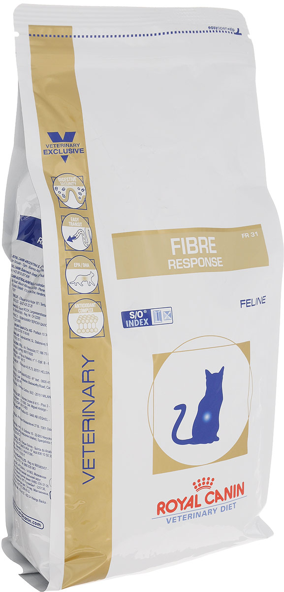 Корм сухой для кошек Royal Canin Fibre Response, диетический, при острых и хронических запорах, 2 кг0120710 Корм сухой для кошек Royal Canin Fibre Response, диетический, при острых и хронических запорах, 2 кг0120710Сухой диетическийкорм Royal Canin Fibre Response предназначен для кошек приостром или хроническом запоре. Противопоказан при кишечной непроходимостии расширении толстого кишечника (мегаколон).Длительность курса применения: При первых проявлениях заболевания применять в течение 3-4 недель. При хронических запорах необходимо длительное применение диеты. Сочетание высокоусвояемых белков (L. I. P. белки), пребиотиков, свекольногожома, риса и рыбьего жира обеспечивает максимальную защиту пищеварительнойсистемы. Высокое содержание разных видов клетчатки (в том числе подорожника) улучшаеткишечный транзит и размягчает фекалии у кошек, страдающих от запоров и низкоймоторики кишечника. Длинноцепочечные жирные кислоты Омега 3 (эйкозапентаеновая идокозагексаеновая) уменьшают кожные реакции и обеспечивают целостностьслизистой оболочки кишечника. Комплекс антиоксидантов синергичного действия снижает уровеньокислительного стресса и борется со свободными радикалами. Полезная информация: Специфическая комбинация определенных видов клетчатки способствуетформированию фекалий нормальной консистенции, не вызывает диареи,способствует улучшению прохождения содержимого кишечника и таким образомоблегчает процесс дефекации у кошек, страдающих запорами. Состав: дегидратированный белок птицы, рис, кукуруза, пшеничная клейковина,животные жиры, кукурузная клейковина, оболочка и семена подорожника,гидролизат белков животного происхождения, экстракт цикория, минеральныевещества, яичный порошок, рыбий жир, дрожжи, соевое масло,фруктоолигосахариды (ФОС), экстракт дрожжей (источник маннановыхолигосахаридов), экстракт бархатцев прямостоячих (источник лютеина).br>Питательные добавки:Витамин А: 22000 МЕ, Витамин D3: 800 МЕ, Железо: 39 мг, Йод: 3 мг, Медь: 7 мг,Марганец: 51 мг, Цинк: 168 мг, Селен: 0,07 мг, Антиоксиданты.Содержание питательных веществ (на 100 г продукта): белки 31%, жиры 15%, минеральные вещества 7,9%, клетчатка пищевая 2,9%.Товар сертифицирован.