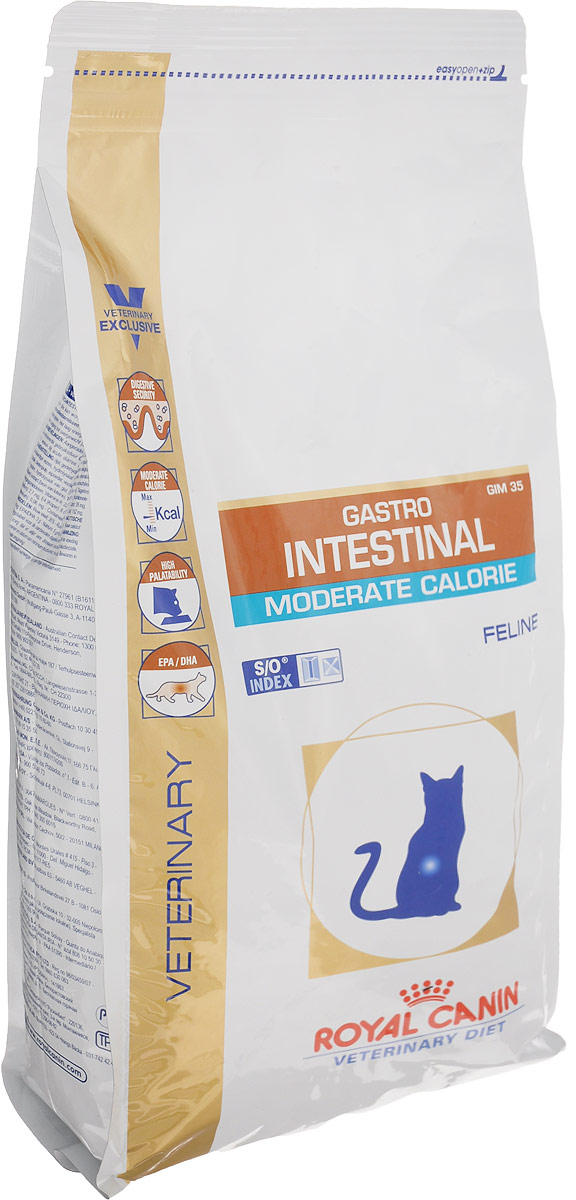 Корм сухой диетический Royal Canin Gastro Intestinal. Moderate Calorie для кошек c пониженным содержанием жира при воспалении кишечника и нарушении пищеварения, 2 кг0120710 Корм сухой диетический Royal Canin Gastro Intestinal. Moderate Calorie для кошек c пониженным содержанием жира при воспалении кишечника и нарушении пищеварения, 2 кг0120710Сухой диетический корм Royal Canin Gastro Intestinal. Moderate Calorie для кошек c пониженным содержанием жира при воспалении кишечника и нарушении пищеварения. Показания: - Острая и хроническая диарея;- Хроническое воспаление кишечника;- Плохая переваримость и абсорбция питательных веществ;- Пролиферация бактерий в тонком кишечнике;- Колит;- Гастрит;- Панкреатит;- Экссудативная энтеропатия;Противопоказания:Беременность, лактация, рост.Длительность курса применения:Для усиления регенераторной способности ворсинчатого эпителия стенки кишечника при остром воспалительном процессе рекомендуется диетотерапия с минимальным сроком три недели. При хронических заболеваниях может потребоваться назначение диетического корма на протяжении всей жизни животного. Для оптимальной работы пищеварительной системы необходимо соблюдение суточного рациона и увеличение его кратности.Диетологическое лечение ХПН: Формула продуктов специально разработана для поддержания почечной функции при ХПН. Продукты отличаются низким содержанием фосфора, содержат комплекс антиоксидантов, жирные кислоты ЕРА и DHA. При ХПН почки теряют способность надлежащим образом выводить фосфор. Низкое содержание фосфора в продукте способствует замедлению развития болезни. При кормлении диетическим кормом с адаптированным содержанием рыбьего жира (источника незаменимых жирных кислот ЕРА и DHA) повышается скорость клубочковой фильтрации. Снижение нагрузки на почки:Чрезмерная нагрузка на почки может спровоцировать уремический криз. Высокое качество и адаптированное содержание белков способствуют снижению нагрузки на почки. Если содержание белка в рационе значительно превышает минимальные потребности, при сниженной экскреторной функции почек продукты распада азота накапливаются в биологических жидкостях.Высокая калорийность: Недостаточное потребление калорий приводит к потере веса у кошек с ХПН. Высокая калорийность продукта помогает ограничить потери в весе.Стимуляция аппетита: Новая двойная текстура крокет специально создана для облегчения разгрызания корма, а его высокая вкусовая привлекательность стимулирует аппетит вашей кошки.Состав: рис, дегидратированные белки животного происхождения (птица), пшеничная клейковина, кукурузная клейковина, растительная клетчатка, гидролизат белков животного присхождения, животные жиры, инеральные вещества, соевое масло, свекольный жом, яичный порошок, рыбий жир, дрожжи, фруктоолигосахариды, оболочка и семена подорожника, гидролизат дрожжей (источник маннановых олигосахаридов), экстракт бархатцев прямосточих (источник лютеина).Добавки: на 1 кгвитамин А 22600 МЕ, витамин D 800 МЕ, железо 35 мг, йод 2,7 мг, марганец 46 мг, цинк 152 мг, селен 0,06 мг.Консервант: сорбат калия, аминоакеслители: пропилгаллат, БГА.Содержание питательных веществ: белки 35 %, жиры 13 %, минеральные вещества 8,1%, клетчатка пищевая 5%, в 1 кг EPA / DHA: натрий 3 г, калий 8 г, медь 15 мг.Эта диета способствует созданию в мочевыделительной системе среды, неблагоприятной для формирования как струвитных, так и оксалатных кристаллов.Товар сертифицирован.
