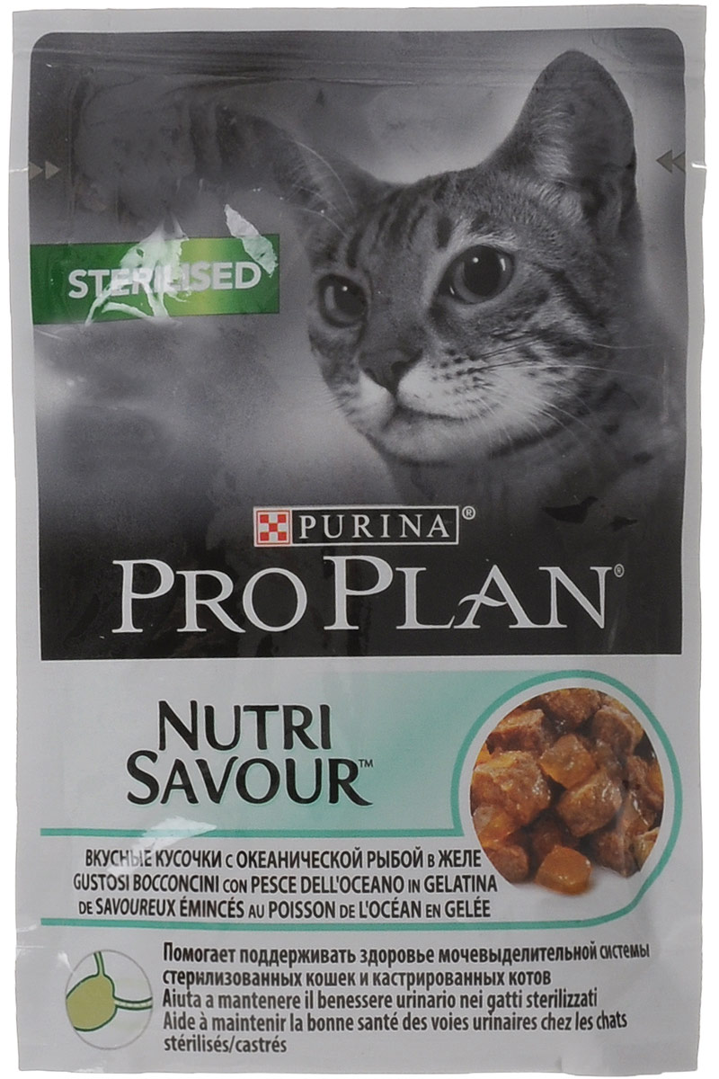 Консервы диетические Pro Plan Nutrisavour Adult для стерилизованных кошек, с океанической рыбой, 85 г0120710 Консервы диетические Pro Plan Nutrisavour Adult для стерилизованных кошек, с океанической рыбой, 85 г0120710Диетические консервы Pro Plan Nutrisavour Adultпомогаютподдерживать здоровье мочевыделительнойсистемы у кастрированных котов истерилизованных кошек. Способствуютподдержанию оптимального веса тела кошки.Помогают поддерживать естественную защитуорганизма благодаря содержанию антиоксидантов,таких как витамин Е. Нежные кусочки в пикантномсоусе обладают приятным вкусомблагодаря запатентованной технологиипроизводства департамента Purina компании Nestle.Состав: мясо и продукты переработкимяса, рыба и продукты переработки рыбы (в томчисле и океаническая рыба 4%), минеральные вещества, сахар, витамины. Белок9,9%, жир 3,3%, Омега 3 0,1%, Омега 6 1,1%,клетчатка 0,70%, зола 2,50%.Добавленные вещества: МЕ/кг: витамин A 1057,витамин D3 147; витамин E 287, мг/кг: железо 10, йод 0,39, медь 0,96, марганец 1,77, цинк27, селен 0,023.Гарантируемые показатели: влажность 82%.Товар сертифицирован.