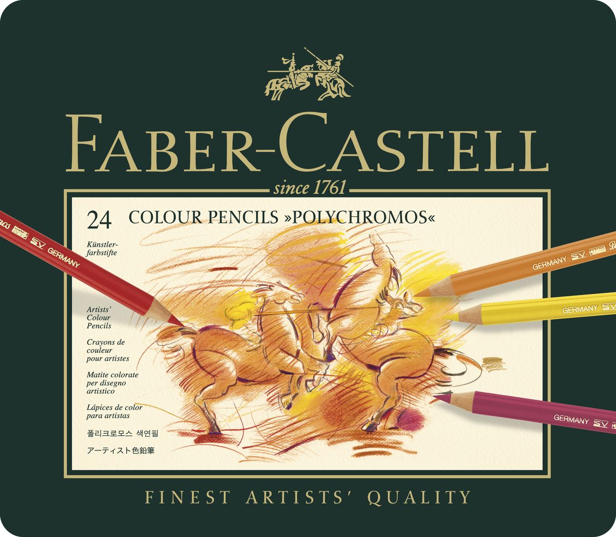Faber-Castell Цветные карандаши Polychromos 24 цвета72523WD Faber-Castell Цветные карандаши Polychromos 24 цвета72523WDЦветные карандаши Faber-Castell Polychromos станут незаменимым инструментом для начинающих и профессиональных художников. В набор входят 24 карандаша разных цветов.Особенности карандашей: высокое содержание очень качественныхпигментов гарантирует устойчивость квоздействию света и интенсивность; грифель толщиной 3,8 мм;гладкий грифель на основе воска водоустойчив,не размазывается.Набор цветных карандашей - это практичный художественный инструмент, который поможет вам в создании самых выразительных произведений. Карандаши упакованы в металлический пенал, благодаря чему их удобно хранить.