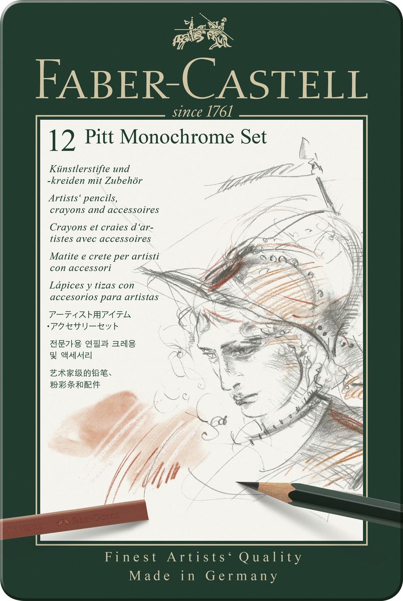 Faber-Castell Художественный набор Pitt Monochrome Set 12 предметов72523WD Faber-Castell Художественный набор Pitt Monochrome Set 12 предметов72523WDХудожественный набор Faber-Castell Pitt Monochrome Set предназначен для профессиональных и начинающих художников, работающих вне студии, которым необходим портативный набор для эскизов и набросков. Набор включает 12 предметов: графитный карандаш 2B, графитный карандаш 6B, 2 масляных карандаша, угольный карандаш, 2 пастельных карандаша (белый, коричневый), 4 брусочка пастели(белый, жженая сиена, сепия, черный), ластик-клячка. Все элементы набора упакованы в практичный металлический футляр, в котором набор удобно хранить и переносить.Карандаши уже заточены и готовы к работе.