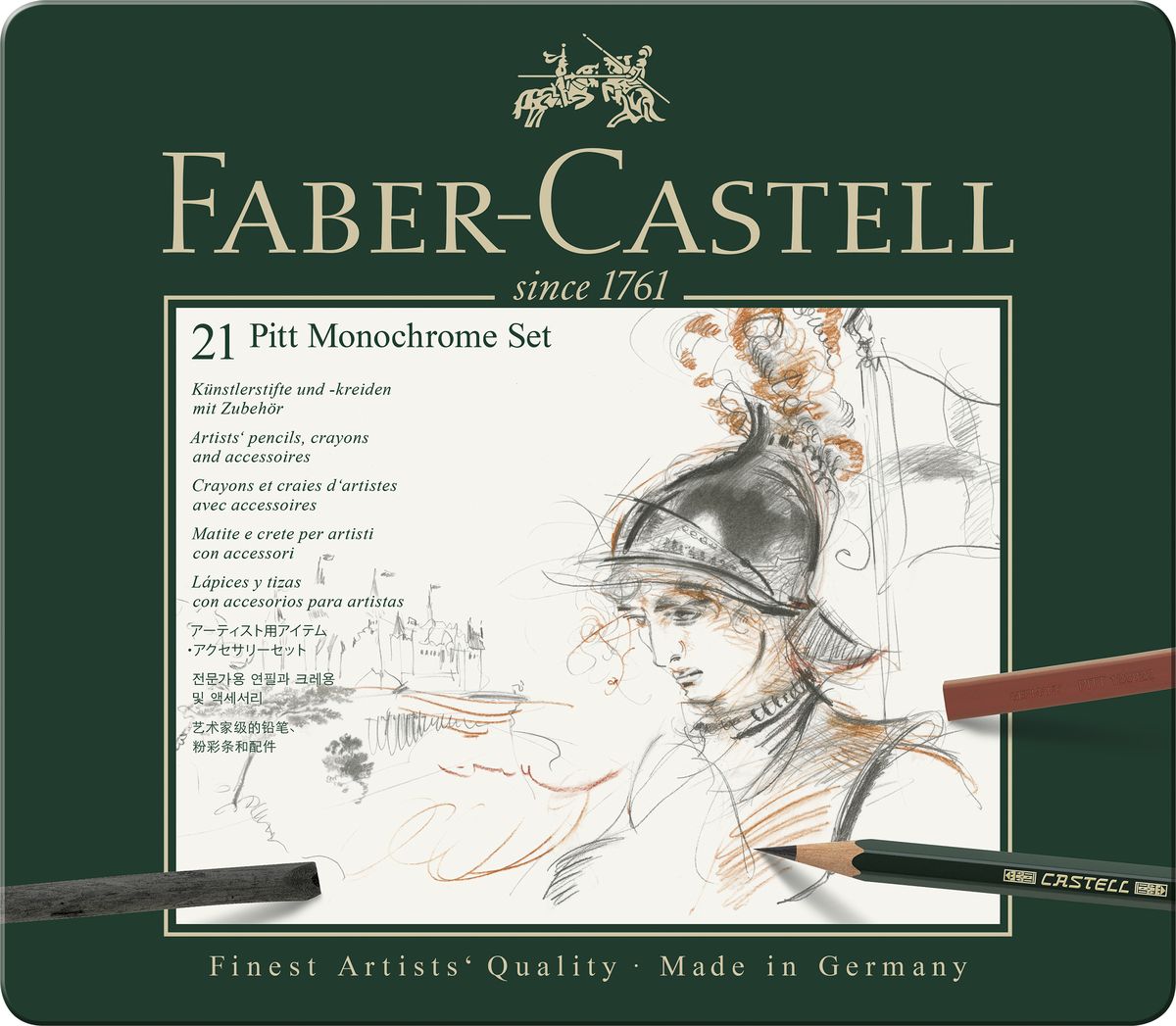 Faber-Castell Художественный набор Pitt Monochrome 21 предмет118368 Faber-Castell Художественный набор Pitt Monochrome 21 предмет118368Художественный набор Faber-Castell Pitt Monochrome предназначен для профессиональных и начинающих художников, работающих вне студии, которым необходим портативный набор для эскизов и набросков.Набор включает 21 предмет: графитные карандаши, пастельные карандаши, мелки, прессованный и натуральный уголь, художественный ластик и другие принадлежности.Все элементы набора упакованы в практичный металлический футляр, в котором набор удобно хранить и переносить.