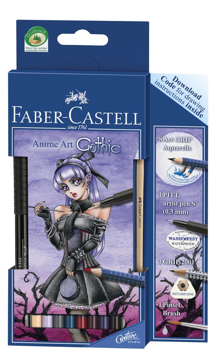 Faber-Castell Акварельные карандаши Art Grip Aquarelle Manga Art Gothic72523WD Faber-Castell Акварельные карандаши Art Grip Aquarelle Manga Art Gothic72523WDАкварельные карандаши Faber-Castell Art Grip Aquarelle. Manga Art Gothic прекрасно подойдут для любителей и начинающих художников, которые ценят качество в их увлечении.Акварельные карандаши Art Grip Aquarelle. Manga Art Gothic имеют эргономичную трехгранную форму со специальной технологией вклеивания грифеля (SV), что предотвращает его поломку. Грифели этих карандашей с высоким содержанием пигментов, что прекрасно отражается на рисунках, не зависимо от типа бумаги, на которых они наносятся. Каждый карандаш имеет высокую интенсивность цвета. В наборе 8 цветов акварельных карандашей, кисточка, карандаш Grip 2001 и ручка PITT Artist Pen S.Такие акварельные карандаши по качеству превосходит стандартные акварельные краски, а значит идеально подходят для создания правильного рисунка. С помощью увлажненной кисточки можно придать потрясающий, интересный и уникальный акварельный эффект любому рисунку, ранее нанесенного с помощью акварельных карандашей.Акварельные карандаши Faber-Castell Art Grip Aquarelle. Manga Art Gothic будут отличным подарком начинающему художнику!