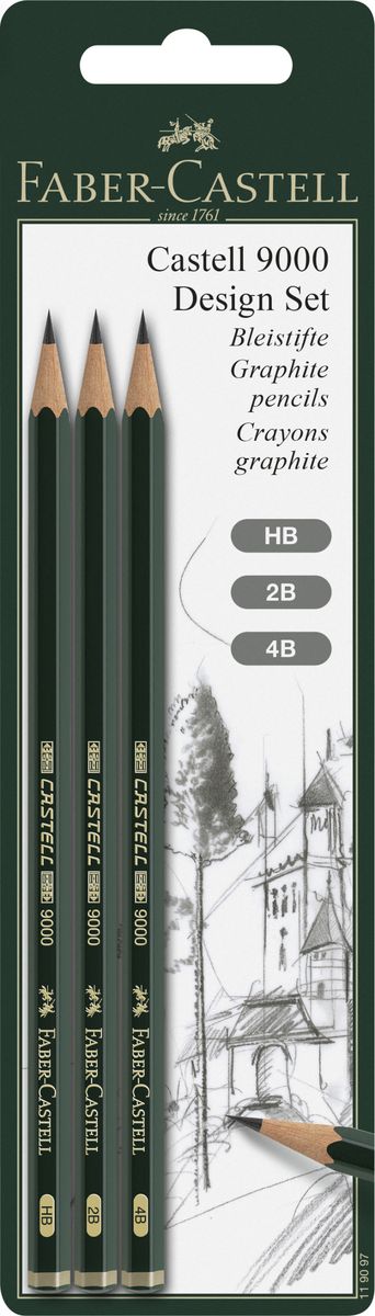 Faber-Castell Чернографитовый карандаш Castell 9000 HB 2B 4B 3 шт72523WD Faber-Castell Чернографитовый карандаш Castell 9000 HB 2B 4B 3 шт72523WDЧернографитный карандаш Faber-Castell Castell 9000 станет не только идеальным инструментом для письма, рисования или черчения, но и дополнит ваш имидж. Шестигранный корпус выполнен из натуральной древесины с зеленым глянцевым покрытием с надписями золотого цвета. Высококачественный ударопрочный грифель не крошится и не ломается при заточке.В наборе 3 карандаша с разной твердостью.