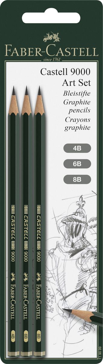 Faber-Castell Чернографитовый карандаш Castell 9000 4B 6B 8B 3 шт2010440 Faber-Castell Чернографитовый карандаш Castell 9000 4B 6B 8B 3 шт2010440Чернографитный карандаш Faber-Castell станет не только идеальным инструментом для письма, рисования или черчения, но и дополнит ваш имидж. Шестигранный корпус выполнен из натуральной древесины с зеленым глянцевым покрытием с надписями золотого цвета. Высококачественный ударопрочный грифель не крошится и не ломается при заточке. В наборе 3 карандаша с разной твердостью.