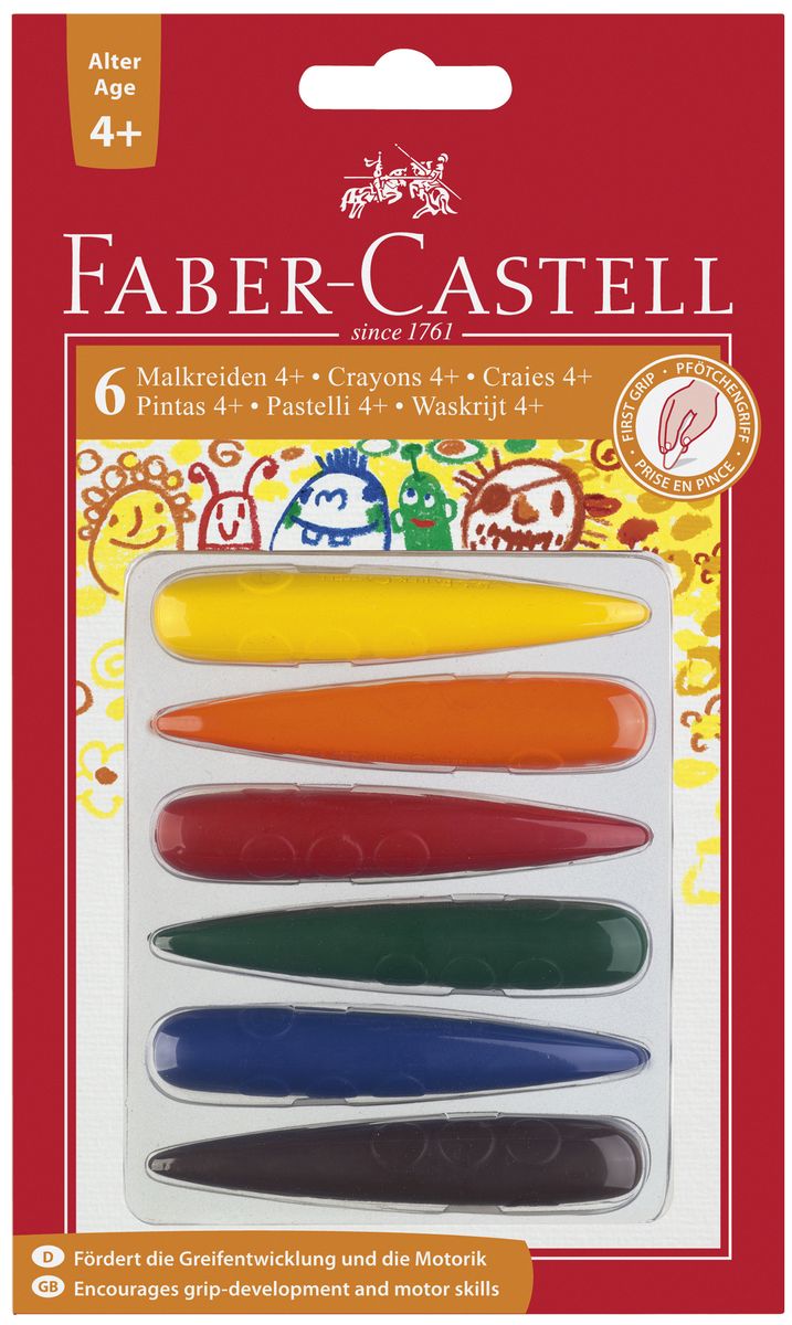 Faber-Castell Мелки цветные для дошкольного возраста 6 цветов120404 Faber-Castell Мелки цветные для дошкольного возраста 6 цветов120404Цветные мелки Faber-Castell безопасны для маленьких детей. Мелки устойчивы к крошению.С помощью цветных мелков Faber-Castell малыш сможет создать яркие, радостные и неповторимые картины.