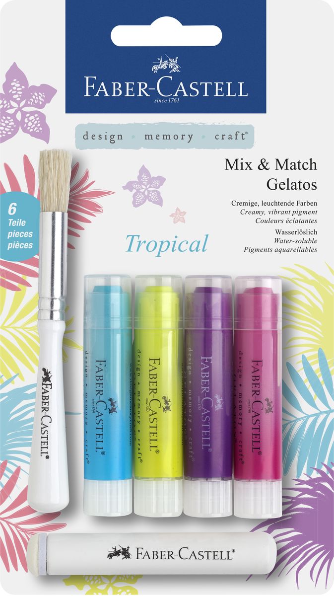 Faber-Castell Gelatos Гелевые мелки Тропики 5 штFS-36052 Faber-Castell Gelatos Гелевые мелки Тропики 5 штFS-36052Гелевые мелки Faber-Castell Gelatos Тропики полностью растворяются в воде.• не содержит вредных веществ• яркие и насыщенные цвета• цвета легко смешиваются• легко наносится на бумагу, холст или дерево• великолепно сочетается с другими арт-продуктами Faber-Castell• идеальная как для начинающих, так и дляопытных художников