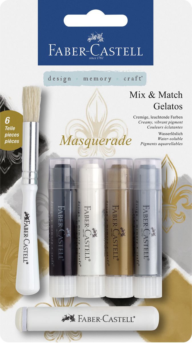 Faber-Castell Набор гелевых мелков Gelatos Маскарад 6 предметов129498 Faber-Castell Набор гелевых мелков Gelatos Маскарад 6 предметов129498Гелевые мелки Faber-Castell Gelatos: Маскарад - это уникальный художественный инструмент, который поможет вам в создании собственных шедевров. В комплект входят гелевые мелки четырех цветов (черного, белого, золотистого и серебристого), кисть и спонж. Гелевые мелки, полностью растворимые в воде, не содержат вредных веществ, имеютяркие и насыщенные цвета, которые легко смешиваются. Мелки легко наносятся на бумагу, холст или дерево и великолепно сочетаются с другими арт-продуктами Faber-Castell.Такой набор - идеальный инструмент как для начинающих, так и для опытных художников, он поможет вам воплотить даже самые смелые идеи.