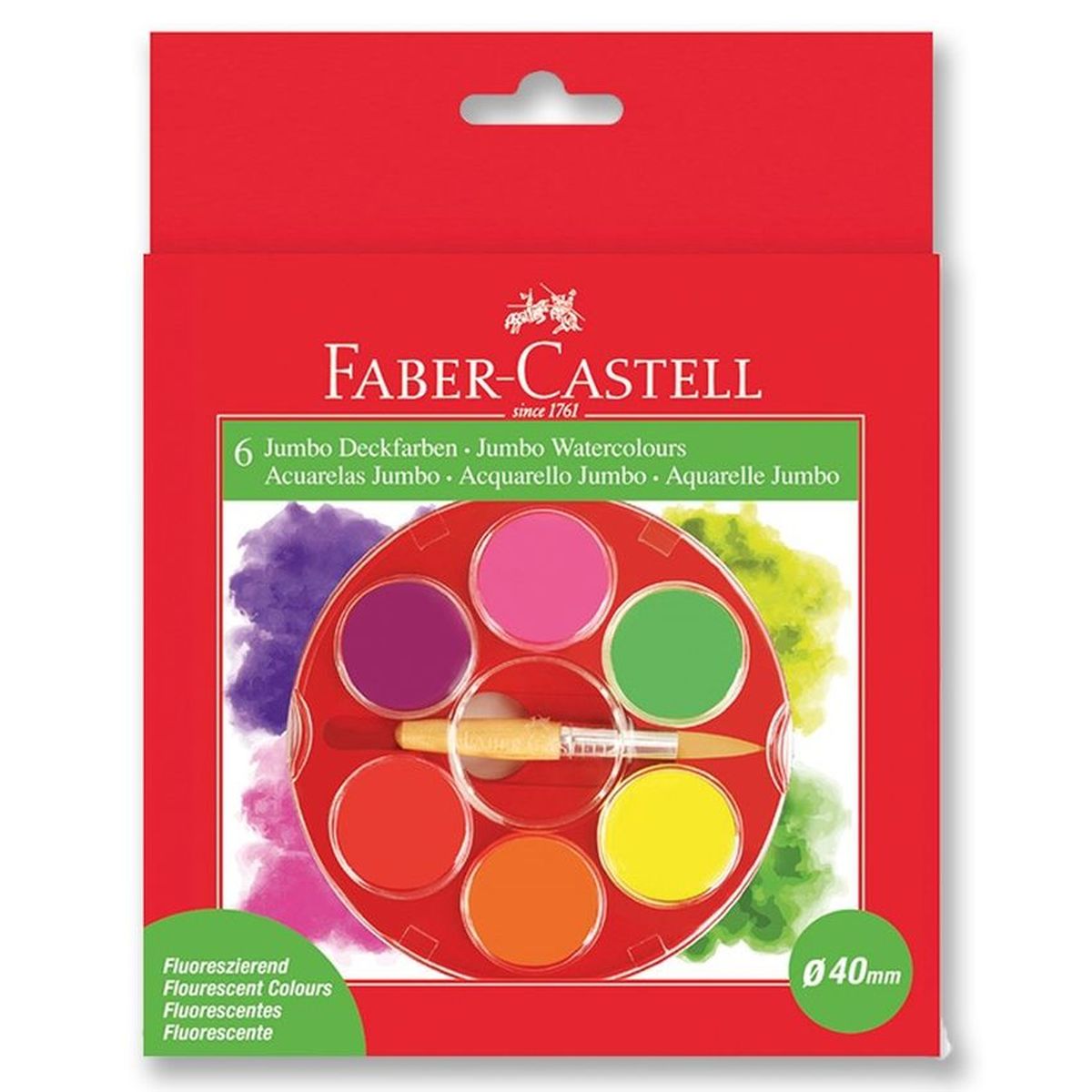 Faber-Castell Акварельные краски Jumbo неоновые 6 штC13S041944 Faber-Castell Акварельные краски Jumbo неоновые 6 штC13S041944Faber-Castell Акварельные краски Jumbo упакованы в кюветы увеличенного диаметра 40 мм. В наборе 6 неоновых цветов.