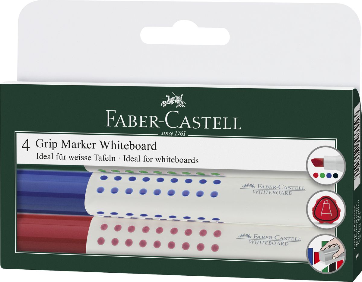 Faber-Castell Маркер для белой доски Grip 4 штFS-00103 Faber-Castell Маркер для белой доски Grip 4 штFS-00103Набор маркеров для белой доски Faber-Castell включает в себя 4 маркера.Особенности маркеров: эргономичная трехгранная область захвата;идеален для всех видов бумаги;линия маркировки шириной 2-5 мм;4 ярких цвета;простая система повторного наполнениячернилами;контрастные цвета, быстрое высыхание.Такой набор станет незаменимым при проведении презентаций и для работы в офисе.