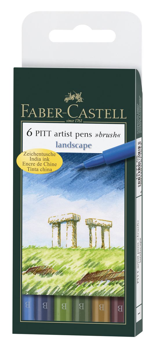 Faber-Castell Капиллярная ручка с кисточкой Pitt Artist Pens Landscape 6 цветов72523WD Faber-Castell Капиллярная ручка с кисточкой Pitt Artist Pens Landscape 6 цветов72523WDОдноразовые капиллярные ручки с кисточками Faber-Castell Landscape станут незаменимым инструментом для начинающих и профессиональных художников. В набор входят 6 ручек естественных оттенков - голубой, синий, зеленый, темно-зеленый, охра, терракотовый.Заостренные кончики ручек позволяют проводить тончайшие линии. Чернила не выцветают на свету , не стираются и не размываются водой, не имеют неприятного запаха и pH-нейтральны.Набор художественных капиллярных ручек с кисточками - это практичный и современный художественный инструмент, который поможет вам в создании самых выразительных произведений.