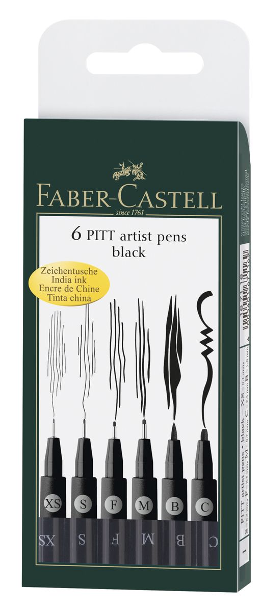 Faber-Castell Капиллярные ручки Artist Pen black ширина наконечника M F S XS B C черный в футляре 6 шт72523WD Faber-Castell Капиллярные ручки Artist Pen black ширина наконечника M F S XS B C черный в футляре 6 шт72523WDСовременные художественные капиллярные ручки Artist Pen black для набросков тушью, рисования и живописи имеют PH-нейтральные чернила и не содержат кислот. Чернила являются устойчивыми к воздействию солнечных лучей, водостойкие после высыхания, не размываются. Набор состоящий из шести капиллярных ручек разной толщины наконечника (M, F, S, XS, B, C) предназначены для художественных и графических работ, удобны в использовании, позволяют комбинировать стили рисования. Наконечники размеров M, F, S, XS имеют стандартную форму наконечников капиллярных ручек и позволяют прорабатывать крайне мелкие детали графической части рисунка. Наконечник размера C имеет плоскую широкую форму, позволяющую не отрывая наконечника от поверхности менять толщину проводимой линии. Наконечник размера B имеет форму острой тонкой кисти, твердый при нажатии, наконечник позволяет заполнять детали цветом, утолщать линии.