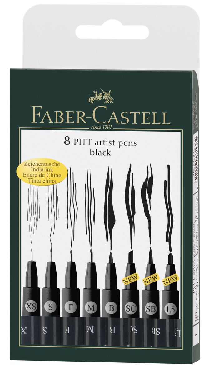 Faber-Castell Капиллярные ручки PITT ARTIST PEN черный набор типов наконечников в футляре 8 шт1108103 Faber-Castell Капиллярные ручки PITT ARTIST PEN черный набор типов наконечников в футляре 8 шт1108103современные художественные капиллярныеручки для набросков тушью, рисованияи живописи• PH-нейтральные чернила не содержат кислот• чернила являются устойчивыми к воздействиюсолнечных лучей• водостойкие после высыхания, не размываются• набор с 4 размерами ширины наконечникав цветах: черном, цветах сепия и сангина