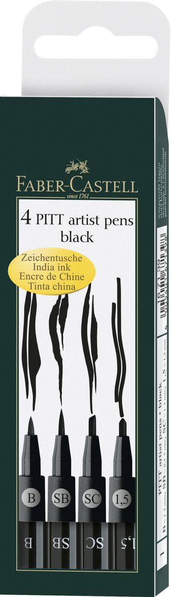 Faber-Castell Капиллярные ручки с кисточкой Pitt Artist Pen Black 4 цвета 1671392010440 Faber-Castell Капиллярные ручки с кисточкой Pitt Artist Pen Black 4 цвета 1671392010440Набор Faber-Castell Pitt Artist Pen Black подходит для набросков, рисования и живописи, благодаря специальному наконечнику-кисточке. В наборе ручки разного размера ширины наконечника: B, SB, SC, 1,5; в цветах: черный, сепия и сангина. Такие ручки широко востребованы среди дизайнеров и художников иллюстраторов.Чернила обладают высокой светоустойчивостью и после высыхания не размываются. Специальные чернила не содержат кислот и являются устойчивыми к воздействию солнечных лучей.