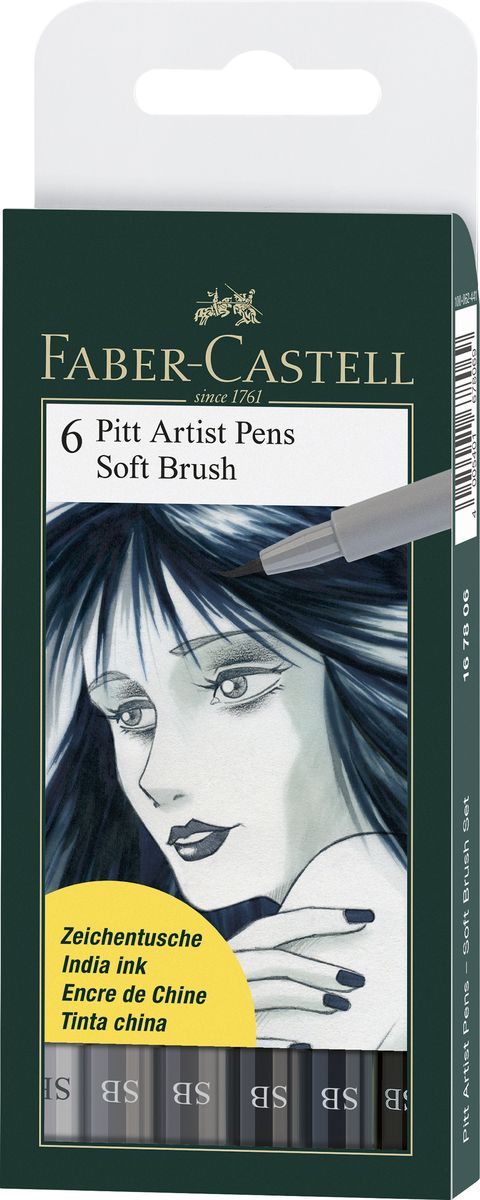 Faber-Castell Капиллярные ручки с кисточкой Pitt Artist Pens Soft Brush 6 цветов72523WD Faber-Castell Капиллярные ручки с кисточкой Pitt Artist Pens Soft Brush 6 цветов72523WDОдноразовые капиллярные ручки с кисточками Faber-Castell Soft Brush станут незаменимым инструментом для начинающих и профессиональных художников. В набор входят 6 ручек монохромных оттенков, от светло-серого до угольно-черного.Заостренные кончики ручек позволяют проводить тончайшие линии. Чернила не выцветают на свету, не стираются и не размываются водой, не имеют неприятного запаха и pH-нейтральны.Набор художественных капиллярных ручек с кисточками - это практичный и современный художественный инструмент, который поможет вам в создании самых выразительных произведений.