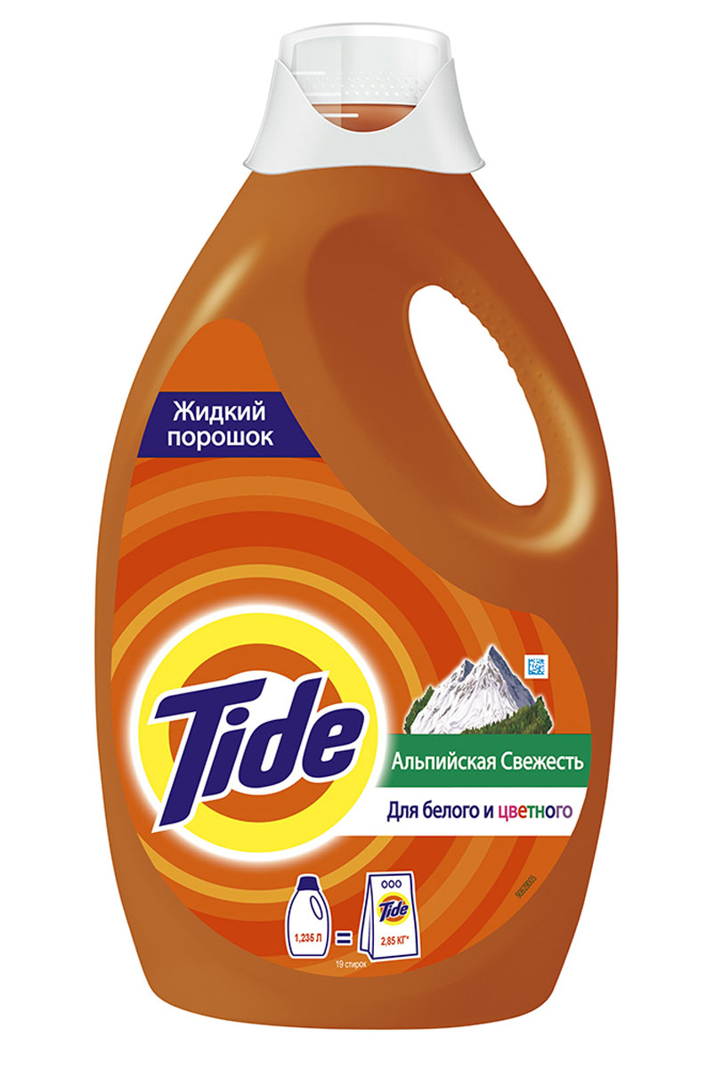 Жидкий стиральный порошок Tide Альпийская свежесть, 1,235 лS03301004 Жидкий стиральный порошок Tide Альпийская свежесть, 1,235 лS03301004100% чистота Tide за 1 стирку! Новое жидкое средство для стирки Tide: вам стоит его попробовать! Дарит 100% чистоту Tide за 1 стирку без проблем, а также предлагает преимущества жидкого средства. Больше не нужно волноваться о следах стирального порошка! Предоставьте стирку новому Tide! 1. Идеальная чистота Tide 2. На одежде больше нет следов порошка – нет причин волноваться! 3. 1 стирального средства достаточно: уход за цветными вещами и идеальная белизна Tide стирка за стиркой!4. Легко наливать и дозировать: 1 крышечка = 1 загрузка