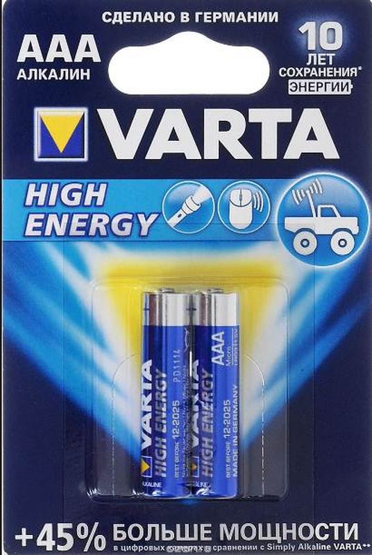 Батарейка Varta High Energy, тип AAA, 1,5В, 2 шт37623 Батарейка Varta High Energy, тип AAA, 1,5В, 2 шт37623Varta High Energy - это наиболее мощная батарейка из ассортимента Varta. Разработана специально для использования в устройствах с высоким и переменным энергопотреблением, таких как: игрушки, аксессуары для компьютеров, фонари или датчики движения. Single Press Out позволяет легко доставать батарейки из упаковки по 1 штуке.