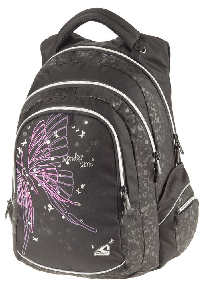 Walker Рюкзак Fun Wonderland72523WD Walker Рюкзак Fun Wonderland72523WDРюкзак Walker Fun Wonderland - это современный многофункциональный молодежный рюкзак, который выполнен из прочного износостойкого материала высокого качества.Рюкзак имеет три основных отделения, которые закрываются на застежки-молнии с двумя бегунками. Внутри первого отделения находятся два разделителя для учебников и тетрадей на хлястиках с липучками, большой открытый карман и пришитый кармашек на молнии. Во втором отделении нет карманов. В третьем отделении расположены два кармашка под канцелярские принадлежности, два открытых кармана и карман с сеткой на молнии.По бокам рюкзака расположены открытые карманы, на которых поместились кармашки на молниях. Лицевая часть оформлена ярким принтом с блестками и вышивкой.Рюкзак оснащен удобной текстильной ручкой для переноски и петлей для подвешивания. Уплотненная спинка и лямки анатомической формы помогают лучше распределить нагрузку и сохранить форму рюкзака независимо от его наполнения. Мягкие широкие лямки позволяют легко и быстро отрегулировать рюкзак в соответствии с ростом. Грудное крепление предусмотрено для более надежной фиксации лямок. На лямках предусмотрены фиксаторы для куртки. Светоотражающие элементы имеют высокие светоотражающие свойства во всех направлениях и при различных углах к источникам освещения, что обеспечивает безопасность в темное время суток.