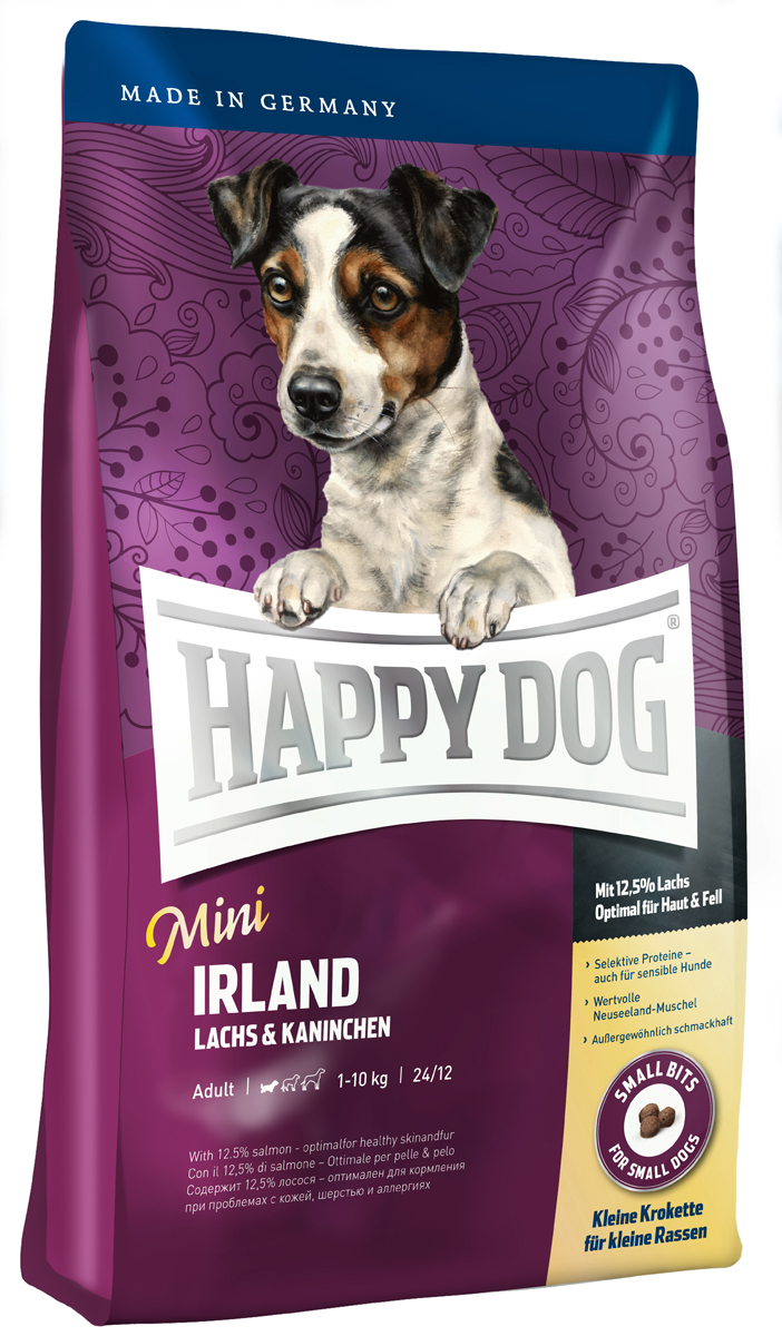 Happy Dog Mini Сухой корм для собак Ирландия Supreme Sensible, 4 кг0120710 Happy Dog Mini Сухой корм для собак Ирландия Supreme Sensible, 4 кг0120710Всем лакомкам маленького размера, которые любят нестандартный корм, очень чувствительны или разборчивы в еде, Happy Dog предлагает уникальную возможность: необыкновенно вкусный полнорационный корм класса супер-премиум Mini Irland, содержащий благородное мясо лосося и вкусную крольчатину. Благодаря тщательно отобранным компонентам (без белка из мяса ягненка и птицы, без риса, сои и пшеницы), особо бережной технологии приготовления и оптимизированному уровню белков и калорий корм Happy Dog Mini Irland отлично подходит также для целенаправленного кормления чувствительных собак мелких пород с их специфическими потребностями. Очень маленькие крокеты идеально соответствуют форме челюстей мелких собак. Эта эксклюзивная рецептура дополняется уникальной формулой Natural Life Concept с натуральными составляющими.