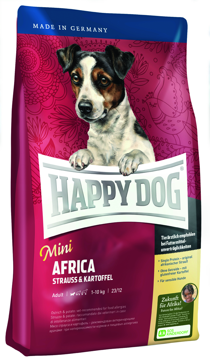 Корм сухой Happy Dog Африка для собак мелких пород, со страусом и картофелем, 4 кг0120710 Корм сухой Happy Dog Африка для собак мелких пород, со страусом и картофелем, 4 кг0120710Сухой корм Happy Dog Африка идеален для всех требовательных лакомок небольшого размера, которые предпочитают нестандартный корм или очень разборчивы в еде. Он хорошо подходит также для собак мелких пород с чувствительным пищеварением, так как учитывает их особые потребности. Уникальная формула корма объединяет мясо страуса и картофель. Мясо страуса является источником очень редкого белка и идеально подходит для собак, страдающих пищевой непереносимостью. Картофель не содержит глютена и рекомендован для собак, не переносящих злаки.Эксклюзивную рецептуру дополняют ценные Омега-3 и Омега-6 жирные кислоты, которые гарантируют собаке здоровую кожу и блестящую шерсть. Очень маленькие крокеты идеально соответствуют форме челюстей собак мелких пород.Состав: картофельные хлопья (48%), страус (18%), картофельный белок, птичий жир, масло из семян подсолнечника, гидролизат печени, свекольная пульпа, яблочная пульпа (0,8%), рапсовое масло, морская соль, дрожжи (экстрагированные). Аналитический состав: сырой протеин 23%, сырой жир 12%, сырая клетчатка 3%, сырая зола 7,5%, кальций 1,3%, фосфор 0,95%, натрий 0,35%, Омега - 6 жирные кислоты 2,8%, Омега - 3 жирные кислоты 0,3%. Витамины/кг: витамин А 12000 М.E., витамин D3 1200 М.E., витамин Е 75 мг, витамин В1 4 мг, витамин В2 6 мг, витамин В6 4 мг, биотин 575 мкг, кальций D-пантотенат 10 мг, ниацин 40 мг, витамин В12 70 мкг, холинхлорид.Микроэлементы/кг: железо 60 мг, медь 105 мг, цинк 12 мг, марганец 125 мг, йод 25 мг, селен 2 мг. Товар сертифицирован.