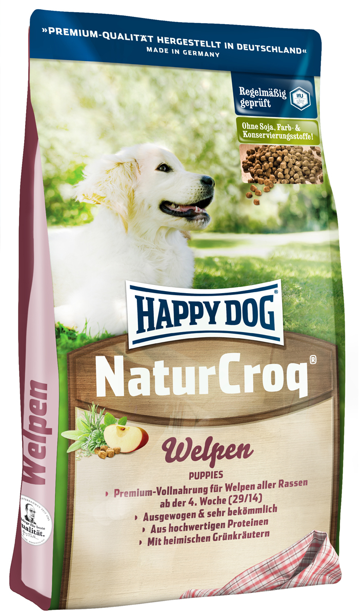 Корм сухой Happy Dog Natur Croq. Welpen для щенков, 4 кг0120710 Корм сухой Happy Dog Natur Croq. Welpen для щенков, 4 кг0120710Сухой корм Happy Dog Natur Croq. Welpen разработан специально для щенков в возрасте от 4 недель до 6 месяцев с учетом их особенных потребностей в питании. Ценные белки животного происхождения, легко усваивающиеся злаки, все необходимые витамины, минеральные вещества и микроэлементы создают наилучшие условия для роста вашей собаки.Состав: птица, пшеничная мука, кукурузная мука, мясопродукты, рисовая мука, цельнозерновая кукуруза, птичий жир, говяжий жир, рыба, гидролизат печени, свекольная пульпа, мясная мука, яблочная пульпа (0,8%), дрожжи, ростки солода, хлорид натрия, овес, подсолнечник, листья салата, петрушка, (общий объем трав: 0,3%).Аналитический состав: сырой протеин 29%, сырой жир 14%, сырая клетчатка 3%, сырая зола 7%, кальций 1,25%, фосфор 0,85%, натрий 0,25%, калий 0,45%.Витамин А 10250 I.E., витамин D3 1000 I.E., железо 75 мг, медь 4 мг, цинк 6 мг, марганец 3 мг, йод 350 мг, селен. Антиоксиданты 10 мг, природные экстракты с высоким содержанием токоферола 45 мг.Товар сертифицирован.