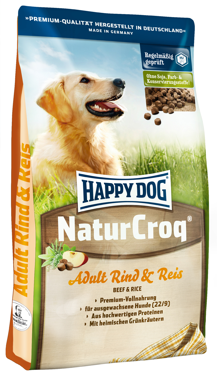 Корм сухой Happy Dog Natur Croq для взрослых собак, с говядиной и рисом, 4 кг0120710 Корм сухой Happy Dog Natur Croq для взрослых собак, с говядиной и рисом, 4 кг0120710Happy Dog Natur Croq - легко усваиваемый полнорационный корм класса премиум. Корм оптимально подходит для взрослых собак всех пород с нормальной потребностью в энергии. Хрустящие гранулы содержат качественные ингредиенты: говядину, рис, полезную цельнозерновую смесь, ценные травы, а также все витамины и минеральные вещества, необходимые для сбалансированного питания вашей собаки. Сбалансированный полнорационный корм, содержащий все нужные питательные вещества. Не содержит красителей, консервантов и сои. Легко усваивается благодаря высокому качеству.Состав: мясопродукты (12%, в том числе говядина 70%), цельные зерна пшеницы, цельные зерна кукурузы, пшеничная мука, цельные зерна ячменя, рисовая мука (7%), кукурузная мука, птичий жир, говяжий жир, птица, рыба, гемоглобин, гидролизат печени, свекольная пульпа, яблочная пульпа (0,8%), дрожжи сухие, ростки солода, хлорид натрия, овес сушеный, подсолнечник сушеный, листья салата сушеные, петрушка сушеная (общий объем трав: 0,3 %).Аналитический состав: сырой протеин 22,0%, сырой жир 9,0%, сырая клетчатка 3,0%, сырая зола 5,5%, кальций 1,15%, фосфор 0,8%, натрий 0,25%, калий 0,5%.Витамины/кг: витамин А 10250 М.E., витамин D3 1000 М.E., витамин Е 60 мг, витамин В1 4 мг, витамин В2 6 мг, витамин В6 3 мг, биотин 350 мкг, кальций D-пантотенат 10 мг, ниацин 45 мг, витамин В12 60 мг, холинхлорид. Микроэлементы/кг: железо 80 мг, медь 8 мг, цинк 80 мг, марганец 5 мг, йод 2 мг, селен 0,15 мг.Товар сертифицирован.
