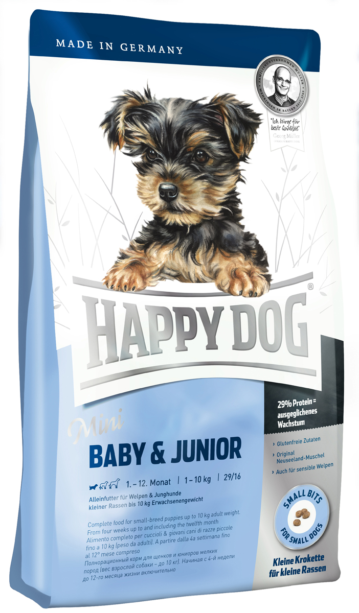 Корм сухой Happy Dog Mini Baby & Junior для щенков мелких пород, 4 кг0120710 Корм сухой Happy Dog Mini Baby & Junior для щенков мелких пород, 4 кг0120710Happy Dog Mini Baby & Junior - оптимально сбалансированный корм для щенков мелких пород. Корм объединяет высококачественные ингредиенты: мясо птицы, лосося, а также ценного новозеландского моллюска. Одобренная ветеринарными врачами рецептура содержит 29% белка. Этот сухой корм оптимально подходит для беспроблемного и щадящего кормления щенков и юниоров всех пород, в том числе чувствительных к кормам начиная с 4 недели жизни (вес взрослой собаки - до 10 кг). Состав: птица (26,5%), кукурузная мука, рисовая мука, птичий жир, лосось (5%), картофельный белок, картофель, клетчатка, свекольная пульпа, масло из семян подсолнечника, яблочная пульпа (0,6%), сухое цельное яйцо, рапсовое масло, хлорид натрия, дрожжи, хлорид калия, морские водоросли (0,15%), семя льна (0,15%), дрожжи (экстрагированные), расторопша, артишок, одуванчик, имбирь, березовый лист, крапива, ромашка, кориандр, розмарин, шалфей, корень солодки, тимьян, новозеландский моллюск (0,01%), (общий объем сухих трав: 0,14%).Аналитический состав: сырой протеин 29%, сырой жир 16%, сырая клетчатка 3,0%, сырая зола 6,5%, кальций 1,4%, фосфор 1,0%, натрий 0,4%, Омега-6 жирные кислоты 3,0%, Омега-3 жирные кислоты 0.4%.Витамины/кг: витамин A 12000 М.Е., витамин D3 1200 М.E., витамин Е 75 мг, витамин В1 4 мг, витамин В6 6 мг, биотин 4 мг, кальция D- пантотенат 575 мкг, ниацин 10 мг, витамин В12 40 мг, холинхлорид. Микроэлементы/кг: железо 70 мкг, медь 60 мг, цинк 105 мг, марганец 10 мг, йод 125 мг, селен 25 мг.Товар сертифицирован.
