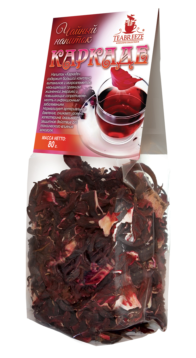 Teabreeze чайный напиток каркаде, 80 г101246 Teabreeze чайный напиток каркаде, 80 г101246Напиток Teabreeze Каркаде содержит большой комплекс витаминов и микроэлементов, насыщающих организм жизненной энергией и повышающих сопротивляемость к инфекционным заболеваниям. Нормализует артериальное давление, снижает уровень холестерина, оказывает защитное действие от токсического влияния алкоголя. Горячий чай пьётся в качестве прохладительного напитка в жару. Также употребляется холодный каркаде с сахаром, этот напиток по вкусу напоминает морс.