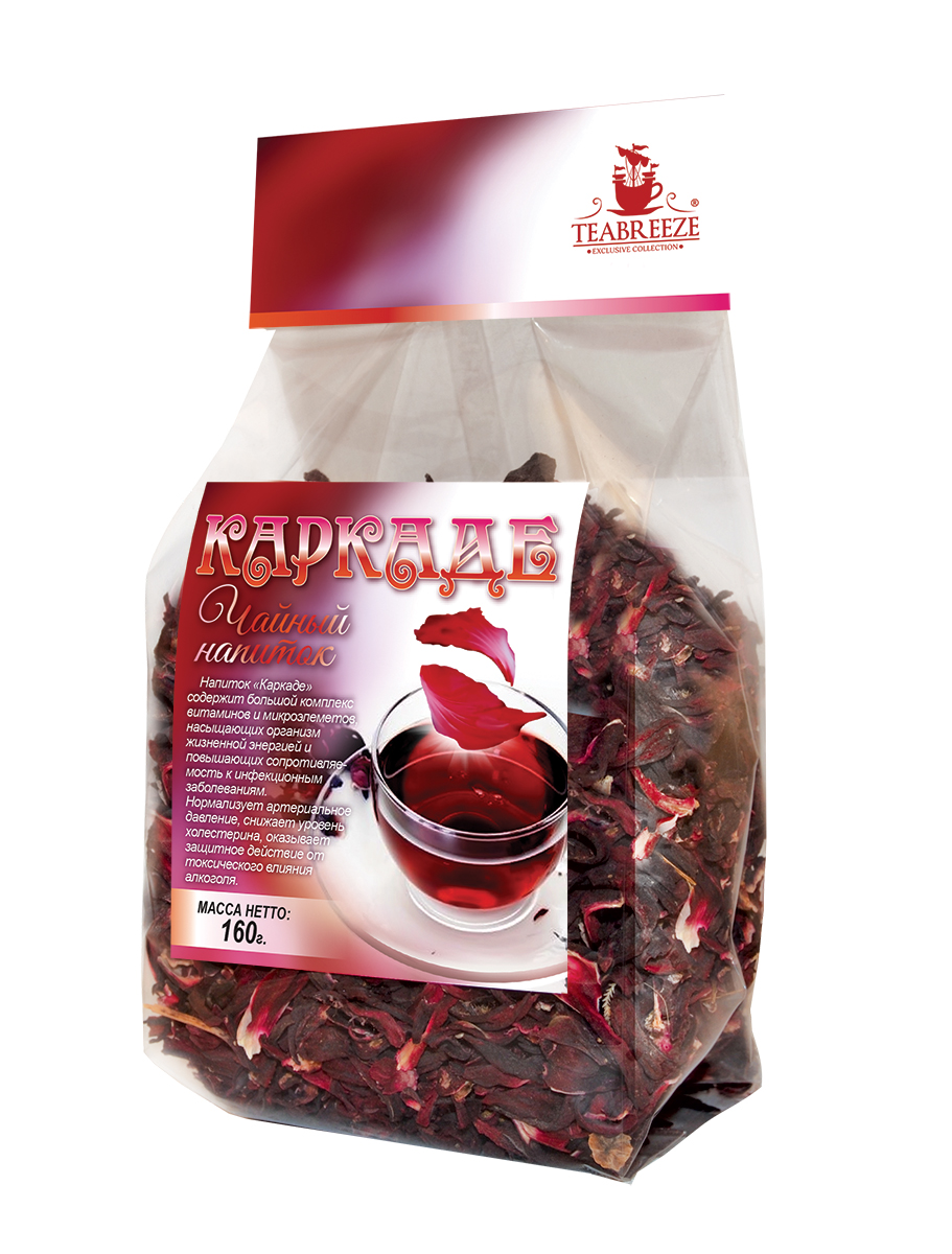 Teabreeze чайный напиток каркаде, 160 г101246 Teabreeze чайный напиток каркаде, 160 г101246Teabreeze каркаде - сладковато-кислый на вкус чайный напиток ярко-красного или бордового цвета, изготавливаемый из сушёных прицветников цветков розеллы, или суданской розы из рода Гибискус. Каркаде имеет много названий и эпитетов. Его также называют напиток фараонов, кандагар, суданская роза, красная роза, красный щавель, окра, кенаф. Является национальным египетским напитком. Чай пьётся в качестве прохладительного напитка в жару. Также употребляется холодный каркаде с сахаром, этот напиток по вкусу напоминает морс.