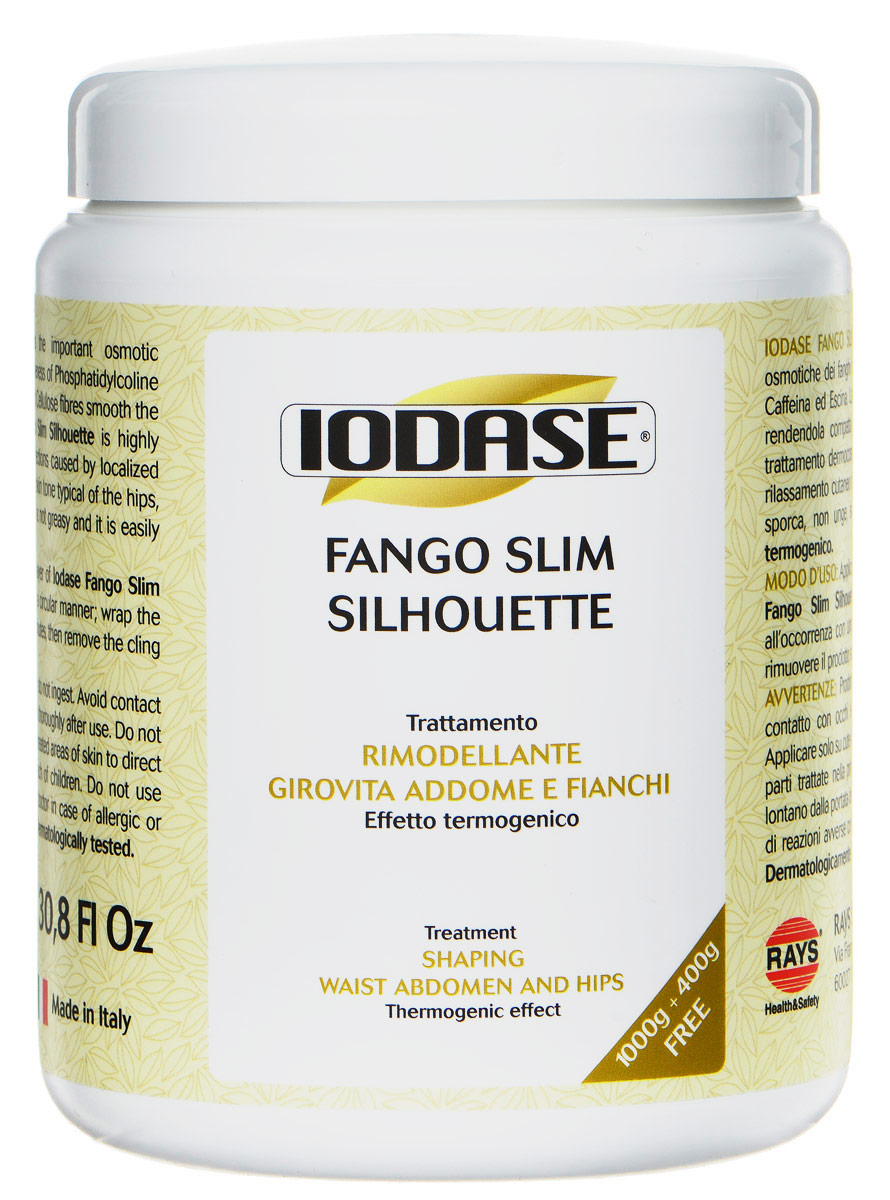 Iodase Грязь косметическая Fango Slim Silhouette, 1400 г8904003500531 Iodase Грязь косметическая Fango Slim Silhouette, 1400 г8904003500531Моделирующая косметическая грязь в форме крема, с разогревающим эффектом, быстро подсыхает. Содержит кофеин, фосфатидилхолин, эсцин, гиалуроновую кислоту, волокна целлюлозы. Локально на зоны живота и боков для уменьшения объема, для придания тонуса и гладкости коже живота и боков. Для женщин и мужчин. Грязь способствует уменьшению локализованных жировых отложений в зоне живота, боков и талии, а также для укрепления атоничной (обвисшей, потерявшей тонус) кожи живота. Грязь быстро подсыхает, при контакте с кожей способствует открытию пор, улучшает обменные процессы в коже, стимулирует вывод застойной жидкости из межклеточного пространства, активизирует обменные процессы, укрепляет и подтягивает кожу. Грязь содержит фосфатидилхолин, кофеин, эсцин, волокна целлюлозы, гиалуроновую кислоту. Эффект после курса из 10 процедур - гладкая, упругая кожа живота и боков, уменьшение объема. Не содержит PEG и парабены. Термогенический эффект. Дерматологически протестировано.