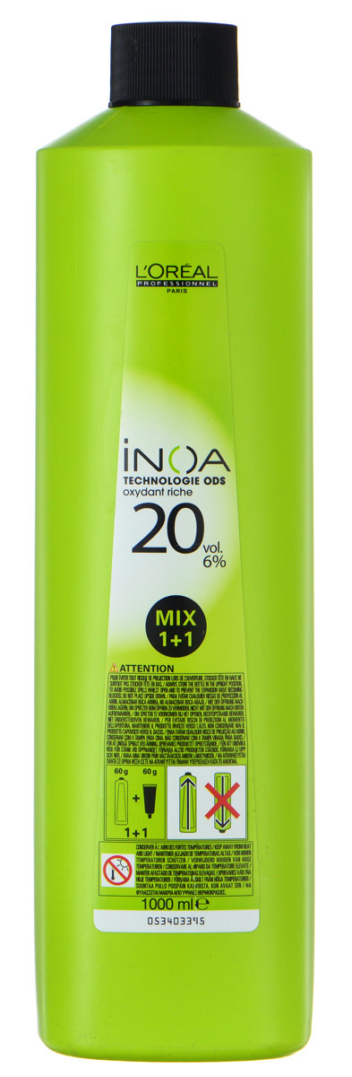 LOreal Professionnel Оксидент обогащенный 6% 20% vol Inoa ODS, 1000 млMP59.3D LOreal Professionnel Оксидент обогащенный 6% 20% vol Inoa ODS, 1000 млMP59.3DУникальная формула Oreal Professionnel Inoa ODS (дословно доставка красителя маслом) представляет собой долгожданные красители без аммиака. Только в этой формуле присутствует специальное масло, которое быстрее питает волосы. Еще одним преимуществом данного оксидента является обогащенность 3%, которая гарантирует на 50% большее количество блеска, чем у любых других средств.Тем, кто использует Oreal Professionnel Inoa ODS следует знать, что также это минимум шесть недель идеально насыщенного цвета и оптимального увлажнения волос. Максимальное скрытие седины до 100% и богатая цветовая гамма более 50 оттенков.