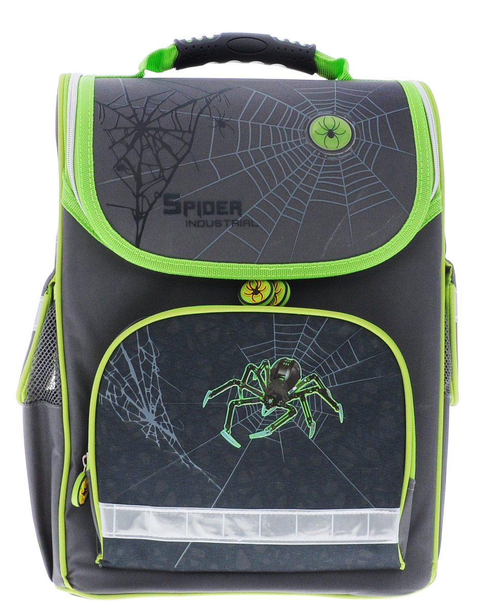 Hatber Школьный ранец Spider72523WD Hatber Школьный ранец Spider72523WDЭргономичный школьный ранец Hatber Spider предназначен для детей младшего школьного возраста. Ранец выполнен из современного EVA материала. Ранец имеет одно основное отделение на молнии, содержащее два накладных открытых кармана, внешний карман на молнии и два боковых сетчатых кармана с клапанами на липучке. Бегунки молний украшены мягкими подвесками с изображением паука. На клапанах боковых карманов, переднем кармане и лямках имеются светоотражающие вставки.Жесткий корпус, украшенный изображением паука, дно из водонепроницаемого ПВХ, пластиковые ножки гарантируют сохранность содержимого в любой ситуации. Анатомическая вентилируемая спинка с мягкими вставками, регулируемые лямки с мягкой подкладкой, прочная ручка, петля для подвешивания ранца, легкий вес и гипоаллергенные материалы обеспечат удобство и безопасность использования.