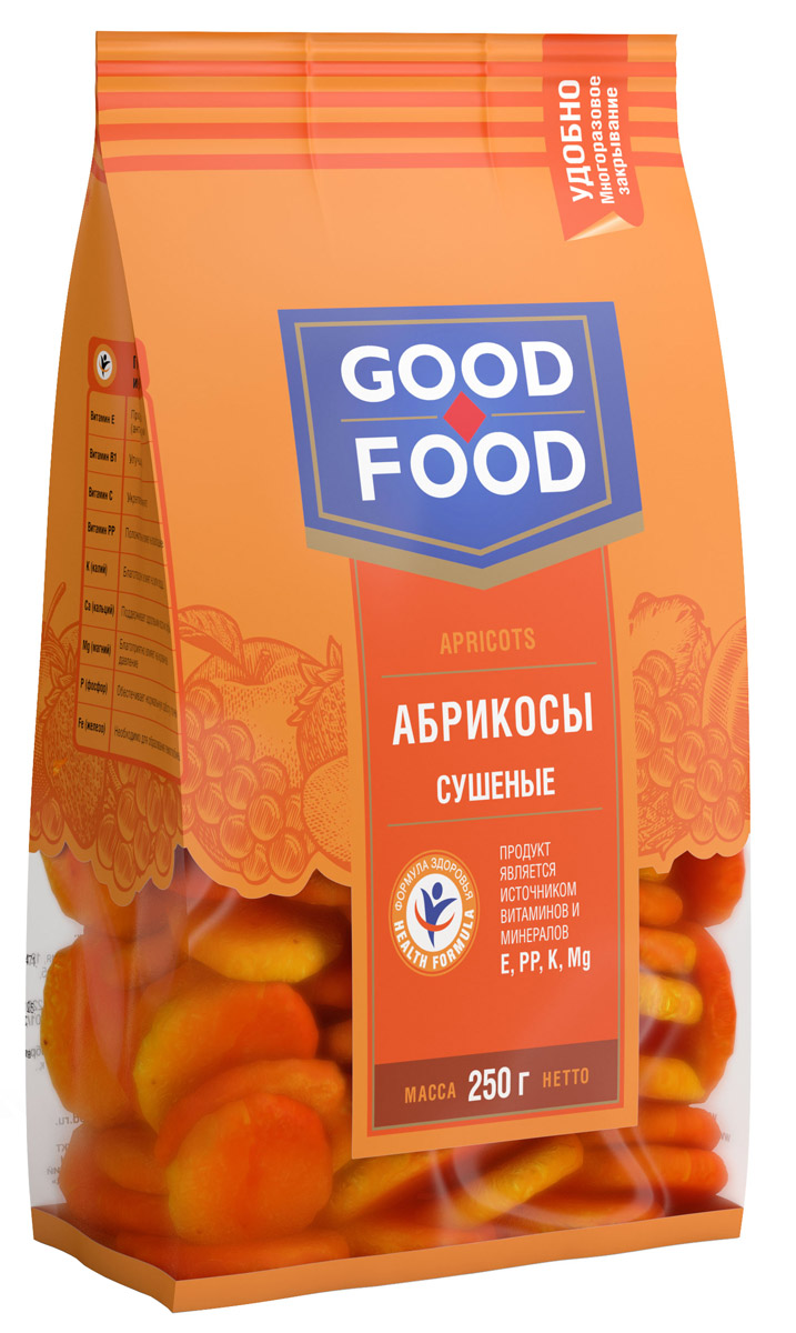 Good Food абрикосы сушеные, 250 г0120710 Good Food абрикосы сушеные, 250 г0120710Сушеные абрикосы обладают высокими вкусовыми качествами, быстро утоляют чувство голода, обогащают организм витаминами и микроэлементами, оказывают лечебный эффект при целом ряде болезней, делают человека бодрым, сильным и работоспособным.