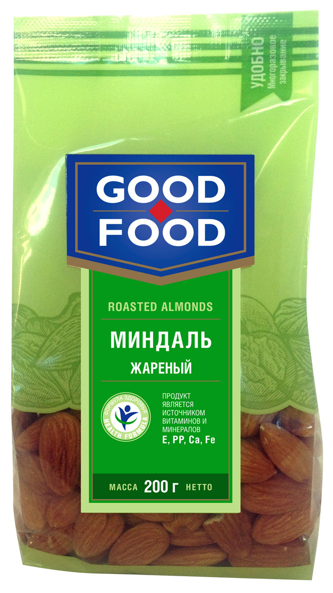 Good Food миндаль жареный, 200 г0120710 Good Food миндаль жареный, 200 г0120710В составе миндаля 18 процентов белка, небольшое количество углеводов, богатейший набор витаминов группы В и Е. Этот орех содержит кальций, фосфор, также много магния, калия, цинка и железа. Миндаль поддерживает в здоровом состоянии зубы, волосы, кожу, улучшает зрение и мозговую активность, очищает внутренние органы. Good Food предлагает только отборный миндаль крупных калибров.