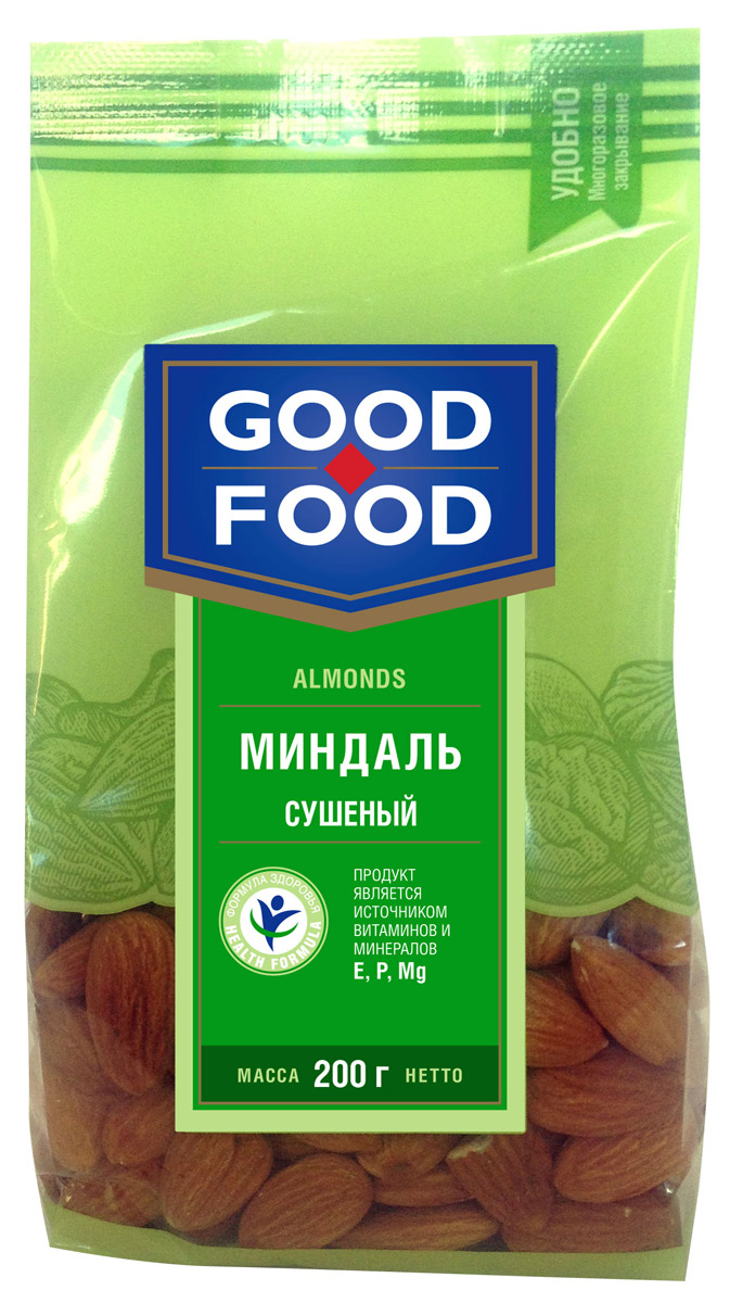 Good Food миндаль сушеный, 200 г0120710 Good Food миндаль сушеный, 200 г0120710В составе миндаля 18 процентов белка, небольшое количество углеводов, богатейший набор витаминов группы В и Е. Этот орех содержит кальций, фосфор, также много магния, калия, цинка и железа. Миндаль поддерживает в здоровом состоянии зубы, волосы, кожу, улучшает зрение и мозговую активность, очищает внутренние органы. Good Food предлагает только отборный миндаль крупных калибров.