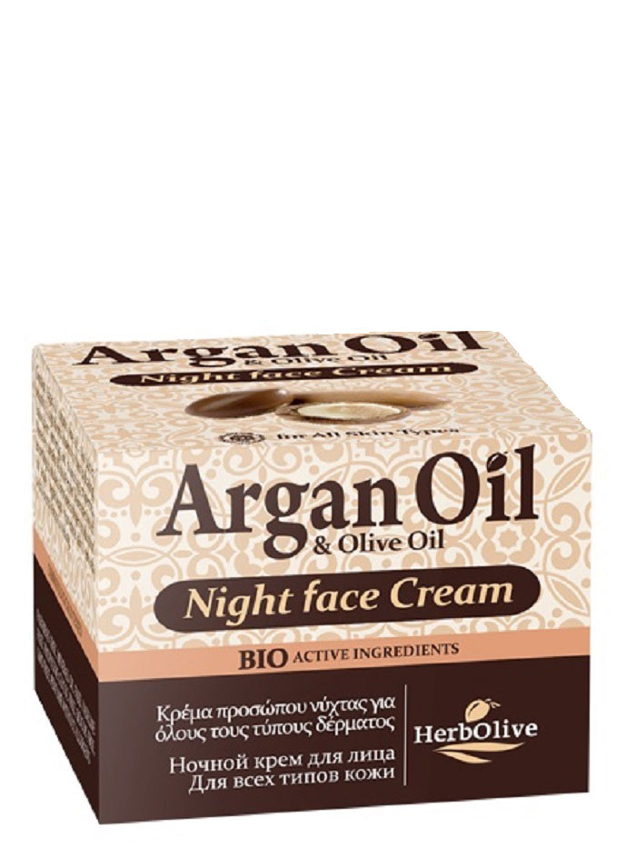 ArganOil Крем для лица ночной для всех типов кожи 50 мл4751006750258 ArganOil Крем для лица ночной для всех типов кожи 50 мл4751006750258Крем для ухода в ночное время. Рекомендуется с 25 лет. Для всех типов кожи. Активные вещества масло Ши, масло арганы, масло сладкого миндаля, пантенол, экстракт органического алоэ активно увлажняют, защищают и восстанавливают кожу в ночное время.Косметика произведена в Греции на основе органического сырья, НЕ СОДЕРЖИТ минеральные масла, вазелин, пропиленгликоль, парабены, генетически модифицированные продукты (ГМО)