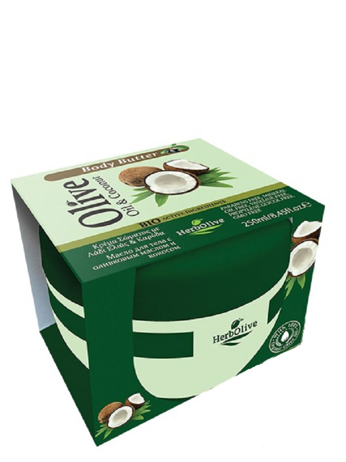 HerbOlive Масло для тела с кокосом 250 мл5200310404177 HerbOlive Масло для тела с кокосом 250 мл5200310404177Твердое масло для тела с кокосом и маслом оливы при соприкосновении с кожей нежно тает, питая, увлажняя и одаривая тело ароматом греческих масел и экстрактов. В составе:ценные масла кокоса, оливы, карите, оливы, миндаля, пантенол.Средство омолаживает кожу, устраняет стянутость, шелушение, тонизирует кожу, хорошо впитывается, не оставляет ощущение жирности.Косметика произведена в Греции на основе органического сырья, НЕ СОДЕРЖИТ минеральные масла, вазелин, пропиленгликоль, парабены, генетически модифицированные продукты (ГМО)