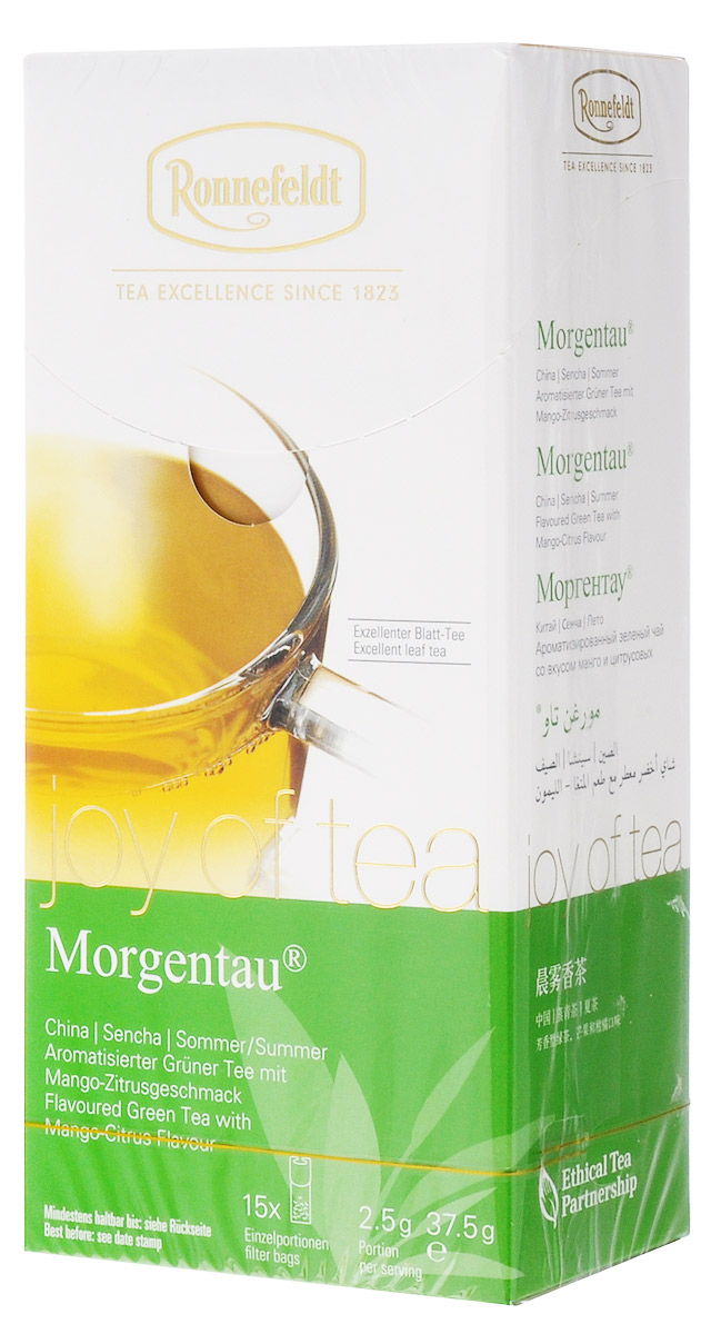 Ronnefeldt Joy of Tea Моргентау зеленый чай со вкусом манго и цитрусовых в пакетиках, 15 шт101246 Ronnefeldt Joy of Tea Моргентау зеленый чай со вкусом манго и цитрусовых в пакетиках, 15 шт101246Завораживающая композиция из сенчи (сорт зеленого чая), цветочных лепестков и нежно-фруктового вкуса манго и цитрусовых.Оптимальная порция высококачественного листового чая в саше из экологичного, натурального материала. В этом саше чайные листья, произведенные традиционным методом, полностью раскрываются и передают напитку свой полный вкус.