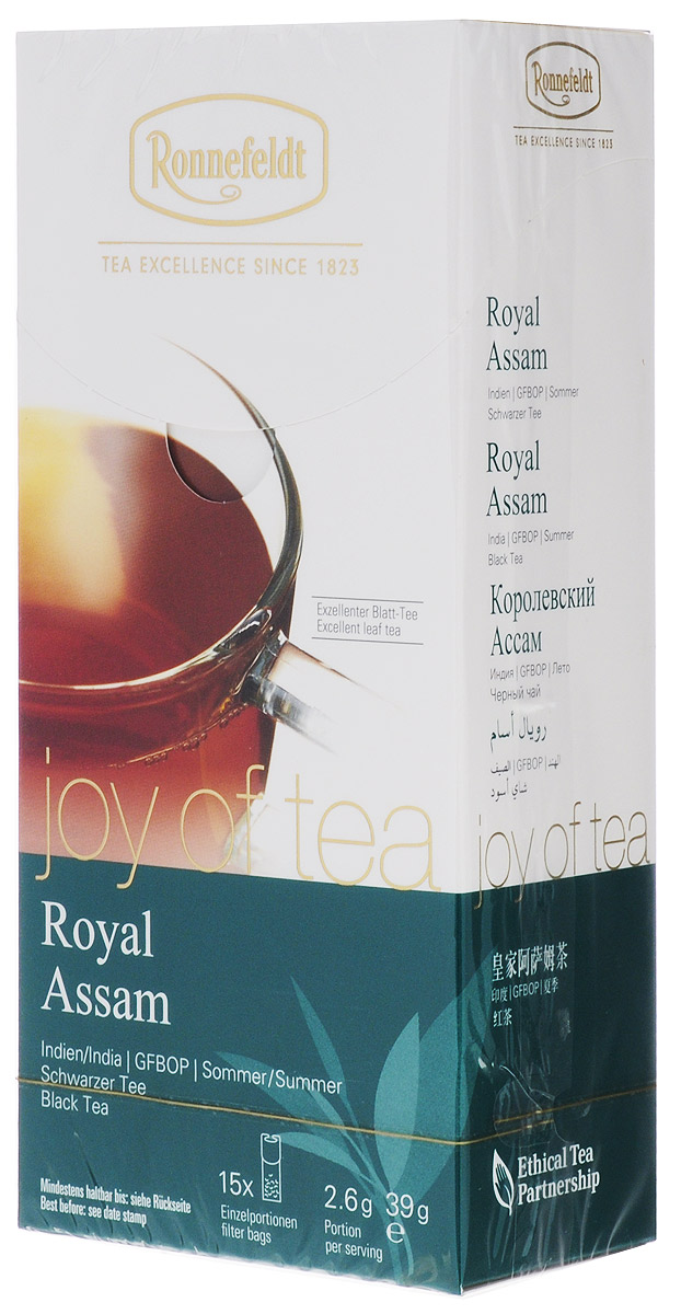 Ronnefeldt Joy of Tea Королевский Ассам черный чай в пакетиках, 15 шт0120710 Ronnefeldt Joy of Tea Королевский Ассам черный чай в пакетиках, 15 шт0120710Этот классический мелколистовой чай отличается большим количеством золотых типсов и пряным, выразительным солодовым вкусом, типичным для ассамских чаев.Оптимальная порция высококачественного листового чая в саше из экологичного, натурального материала. В этом саше чайные листья, произведенные традиционным методом, могут полностью раскрыться и передать напитку свой полный вкус.