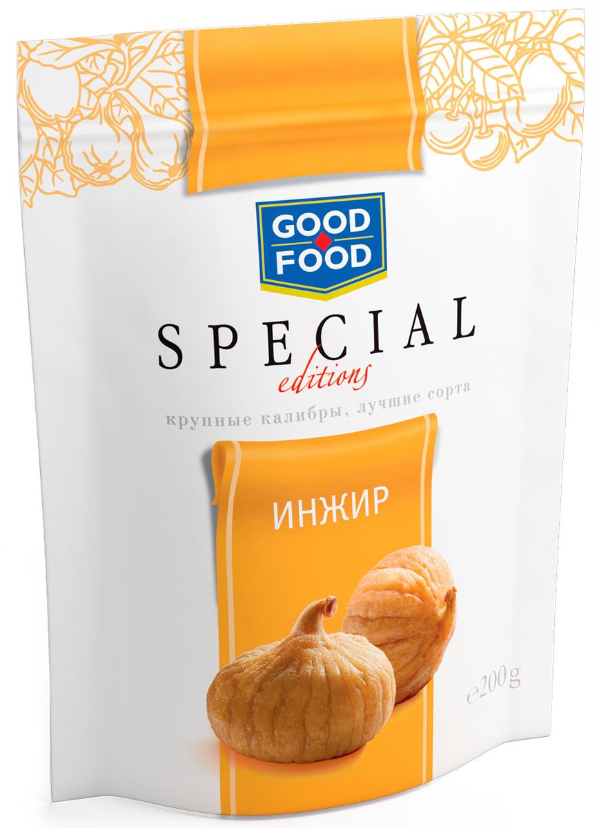 Good Food Special инжир, 200 г0120710 Good Food Special инжир, 200 г0120710Инжир - настоящий кладезь витаминов и минералов и заряд бодрости на весь день. В серию Good Food Special входят только лучшие сорта сухофруктов. Их уникальность - нежнейшая, тающая текстура, насыщенный сочный вкус и крупный размер каждого плода.