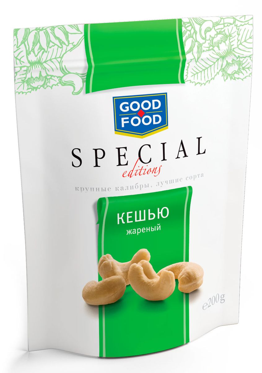 Good Food Special кешью жареный, 200 г0120710 Good Food Special кешью жареный, 200 г0120710Кешью Good Food Special - это правильный выбор для тех, кто ценит настоящее качество. В этой серии используются только самые крупные калибры и лучшие сорта.
