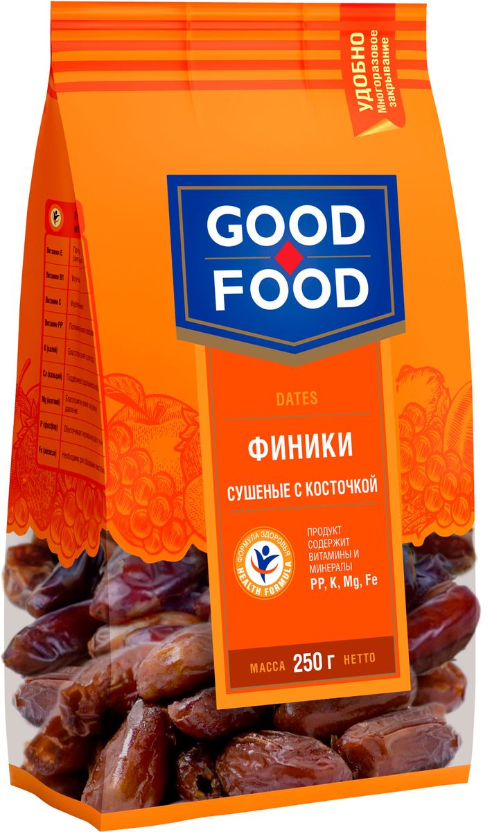 Good Food финики сушеные с косточкой, 250 г0120710 Good Food финики сушеные с косточкой, 250 г0120710Регулярное присутствие в рационе фиников способно улучшить настроение или даже вывести из депрессии. В состав фиников входят пятнадцать минералов и солей, более двух десятков аминокислот, а также углеводы.