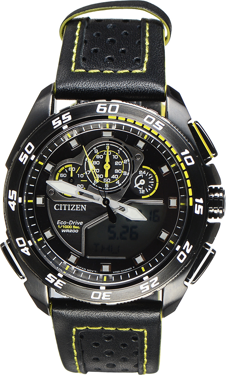 Часы наручные мужские Citizen Eco-Drive, цвет: черный, желтый. JW0125-00EBM8434-58AE Часы наручные мужские Citizen Eco-Drive, цвет: черный, желтый. JW0125-00EBM8434-58AEМногофункциональные спортивные мужские часы Citizen Eco-Drive с поворотным безелем выполнены из нержавеющей стали. Циферблат изделия оформлен символикой бренда.Часы оснащены функцией хронографа, функцией отображения времени в формате 12/24, функцией мирового времени, будильником, секундомером и таймером. Корпус часов обладает степенью влагозащиты 20 bar, оснащен аналоговым и цифровым циферблатами, а также антибликовым сапфировым стеклом. Стильный кожаный ремешок, идеально дополняющий корпус изделия, оснащен практичной пряжкой, которая позволит максимально комфортно снимать и надевать часы.Современная технология Eco-Drive позволяет заряжать аккумулятор изделия с помощью любого естественного или искусственного источника света.Часы поставляются в фирменной упаковке.Часы Citizen Eco-Drive подчеркнут мужской характер и отменное чувство стиля у их обладателя.