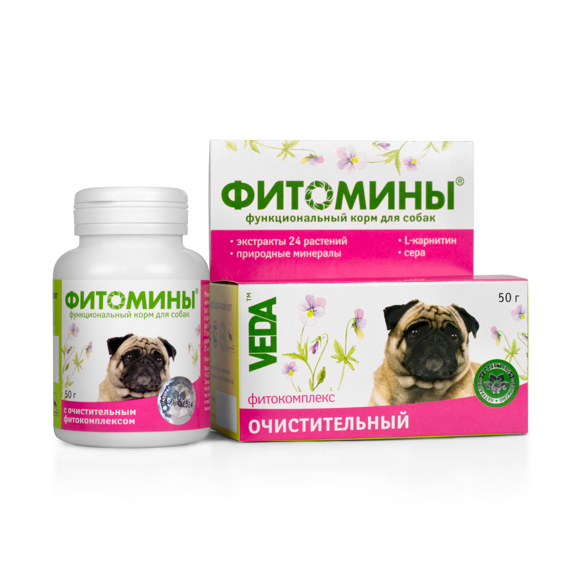 Корм для собак VEDA Фитомины, функциональный, с очистительным фитокомплексом, 50 г0120710 Корм для собак VEDA Фитомины, функциональный, с очистительным фитокомплексом, 50 г0120710Функциональный корм для собак VEDA Фитомины с очистительным фитокомплексом стабилизирует работу кишечника, повышает аппетит, восстанавливает и защищает печень, снижает уровень билирубина и холестерина в крови.Рекомендуется включать в рацион животных имеющих отклонения в работе органов:- желудочно-кишечного тракта, - печени, желчного пузыря, желчных протоков, поджелудочной железы.Состав: лактоза; крахмал; дрожжи пивные; фитокомплекс: чаги, цветков ромашки, травы репейничка аптечного, травы солянки холмовой, листьев мяты перечной, цветков бессмертника песчаного, травы сушеницы топяной, травы тысячелистника, травы подмаренника настоящего, травы чистотела, листьев крапивы, почек березы, травы кипрея узколистного, травы зверобоя, травы эхинацеи пурпурной, плодов фенхеля, цветков буквицы, цветков лабазника вязолистного, травы будры плющевидной, корней одуванчика, корней и корневищ солодки, травы фиалки, листьев подорожника большого, травы золототысячника; природный минеральный комплекс; паровая мясная мука; стеарат кальция; L-карнитин; сера. В 100 г продукта содержится (не менее): углеводы - 92 г; жиры - 0,1 г; белки – 2,0 г; кальций - 600 мг; фосфор - 360 мг; железо - 15,0 мг; цинк - 4 мг; марганец - 0,1 мг; медь - 0,3 мг; L-карнитин - 0,5 г; сера - 0,1 г.Энергетическая ценность в 100 г: 380 ккал.Товар сертифицирован.
