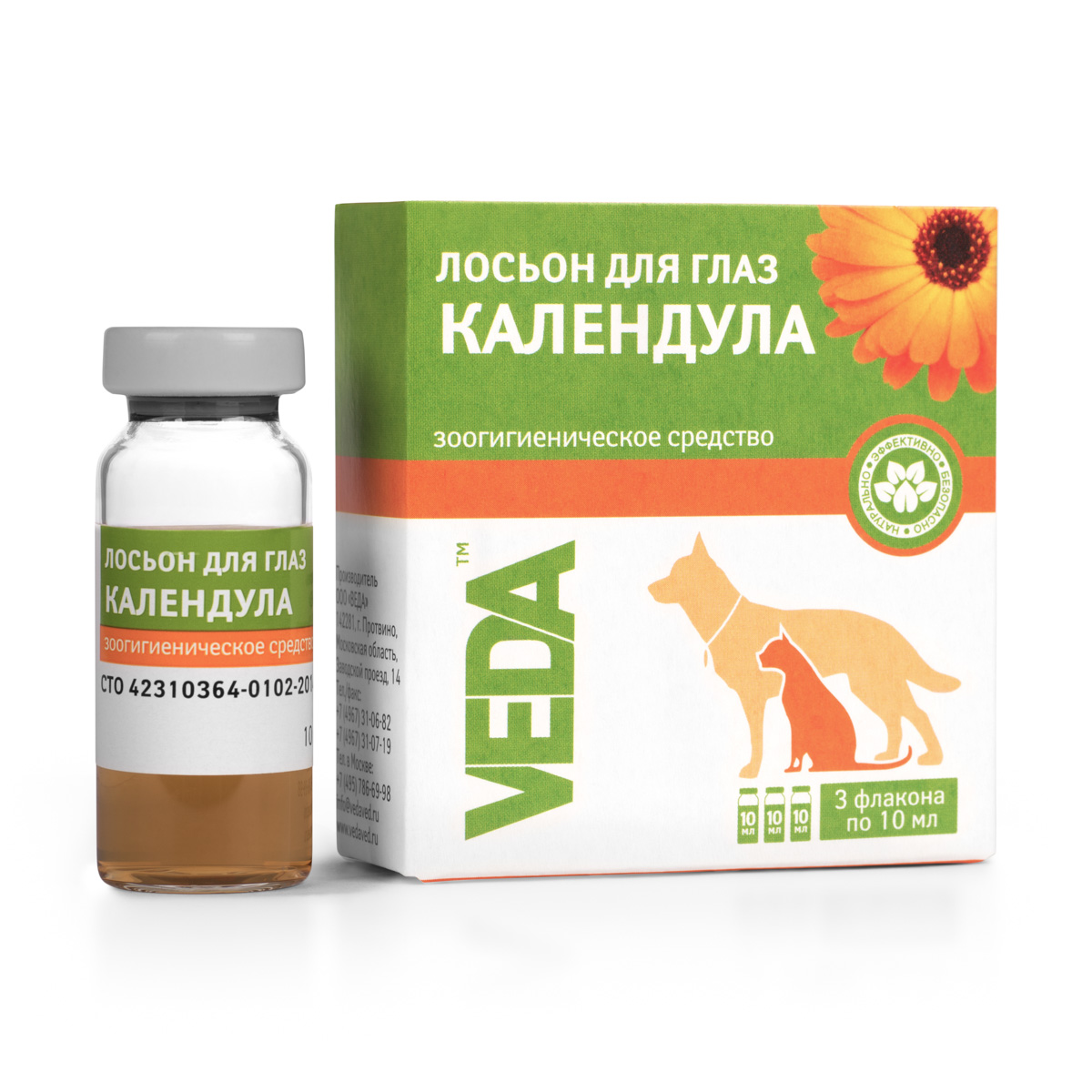 Лосьон для глаз VEDA Фитогигиена. Календула, для кошек и собак, 3 шт х 10 мл0120710 Лосьон для глаз VEDA Фитогигиена. Календула, для кошек и собак, 3 шт х 10 мл0120710Лосьон VEDA Фитогигиена. Календула применяют для гигиенической обработки глаз собак, кошек и других мелких домашних животных при слезоточивости, отечности, конъюнктивите, при мелких повреждениях возле глаз. Лосьон является отваром цветков календулы, обладающей дезинфицирующими, противовоспалительными, ранозаживляющими свойствами.Состав: вода очищенная; извлечение из растительного сырья, соответствующее названию лосьона: цветков ноготков.Товар сертифицирован.