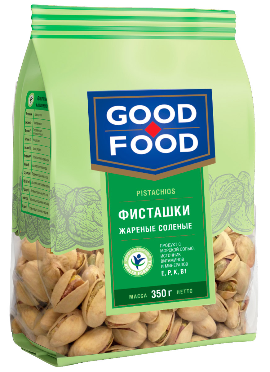 Good Food фисташки жареные соленые, 350 г0120710 Good Food фисташки жареные соленые, 350 г0120710Дерево жизни, орехи счастья - так по-другому называют фисташки, обладающие тонким оригинальным вкусом и массой полезных свойств. Польза фисташек для человеческого организма неоценима, достаточно взглянуть на перечень полезных веществ, которые содержат эти орехи, чтобы в этом убедиться: витамины группы А (лютеин, зеаксантин), В (В1, В9, В6), Е, медь, марганец, фосфор, калий, магний, железо и многое другое. Фисташки Good Food обладают сбалансированным вкусом благодаря равномерной прожарке и оптимальному количеству соли.