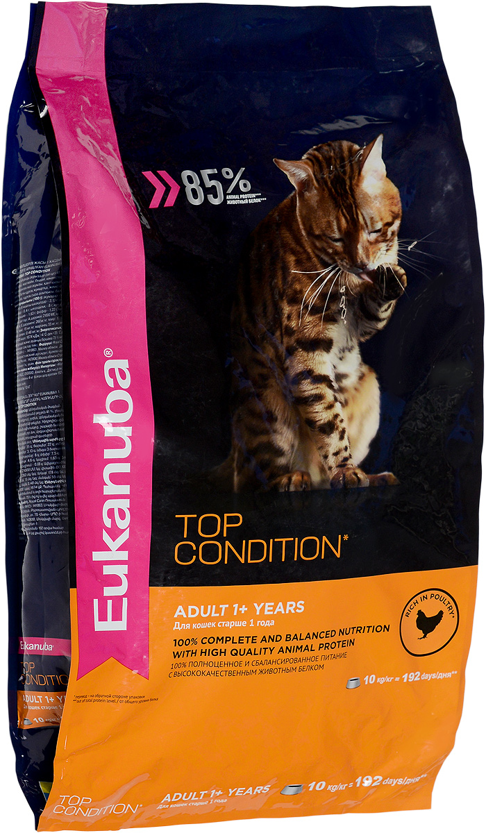 Корм сухой Eukanuba EUK Cat для взрослых кошек, с домашней птицей, 10 кг10144221 Корм сухой Eukanuba EUK Cat для взрослых кошек, с домашней птицей, 10 кг10144221Полнорационный сухой корм Eukanuba EUK Cat предназначен для взрослых кошек старше 1 года. 100% полноценное и сбалансированное питание с высококачественным животным белком. Поддерживает здоровье кошки по шести ключевым признакам и обеспечивает отличную физическую форму:Особенности корма:1. Надежная защита: способствует поддержанию иммунной системы за счет антиоксидантов.2. Оптимальное пищеварение: способствует поддержанию здоровой кишечной микрофлоры за счет пребиотиков и клетчатки.3. Здоровье мочевыводящей системы: разработан специально для поддержания здоровья мочевыводящий путей.4. Сильные мышцы: белки животного происхождения способствуют росту и сохранению мышечной массы. Содержит 85% животного белка (от общего уровня белка).5. Здоровье кожи и шерсти: способствует сохранению здоровья кожи и блестящей шерсти, благодаря рыбьему жиру и оптимальному соотношению омега-6 и омега-3 жирных кислот.6. Здоровые зубы: поддерживает здоровье зубов.Состав: белки животного происхождения (домашняя птица 41 %, источник натурального таурина), рис, жир животный, пшеница, овощные волокна, гидролизированный животный белок, пульпа сахарной свеклы, сухое цельное яйцо, фруктоолигосахариды, минералы, высушенные пивные дрожжи, рыбий жир.Пищевая ценность (100 г): белки 35 г, жиры 22 г, омега-6 жирные кислоты 3,13 г, омега-3 жирные кислоты 0,4 г, влажность 8 г, зола 7,5 г, клетчатка 4,6 г, кальций 1,63 г, фосфор 1,22 г, магний 0,08 г.Добавленные вещества: витамин A 21000 МЕ/кг, витамин D3 1000 МЕ/кг, витамин E 260 мг/кг, железо 178 мг/кг, Йод 3,1 мг/кг, медь 15 мг/кг, марганец 55 мг/кг, цинк 179 мг/кг, селен 0,48 мг/кг.Энергетическая ценность (в 100 г): 400 Ккал.Товар сертифицирован.